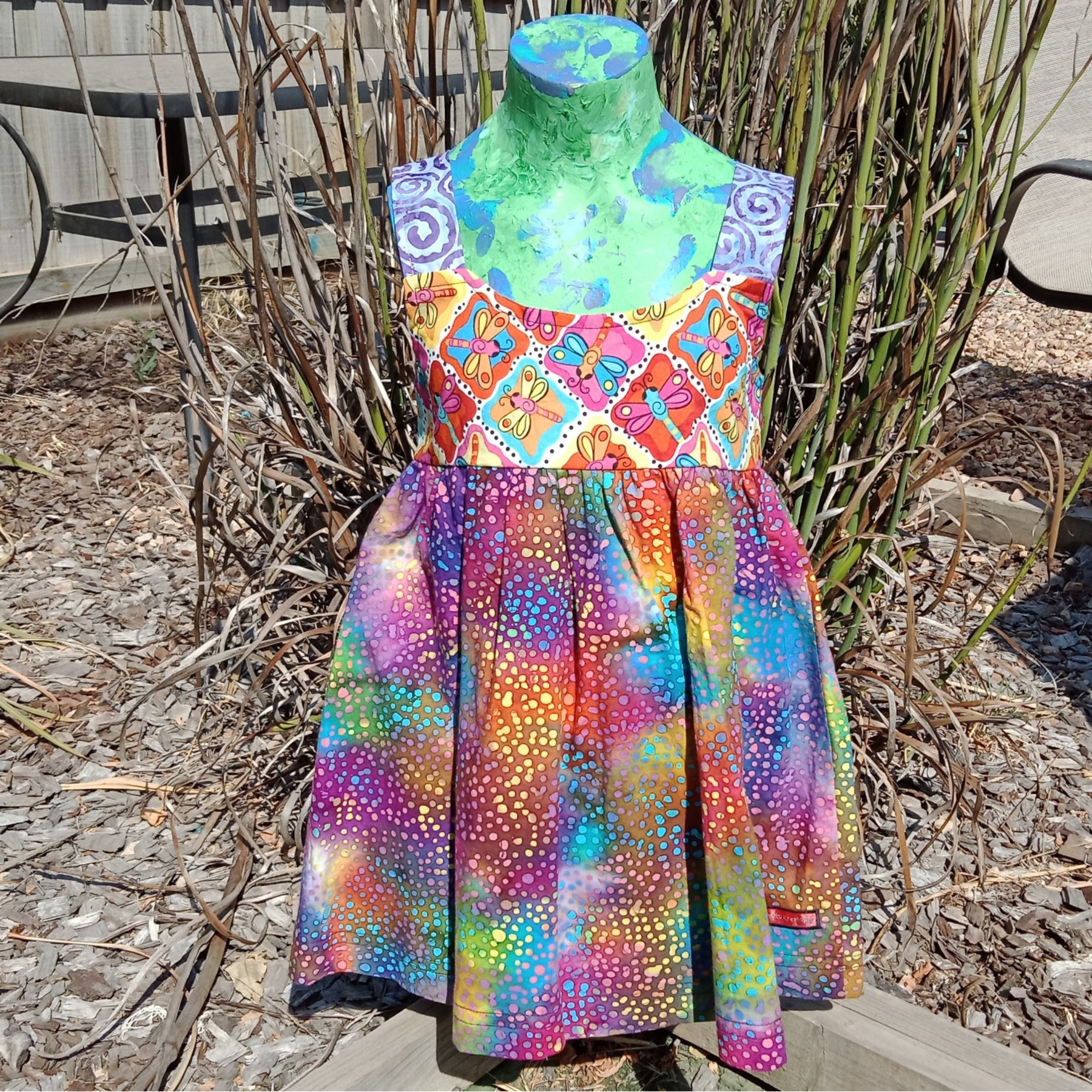 Girls Dress, Size 4, Bright Dragonflies/Spots/Spirals.