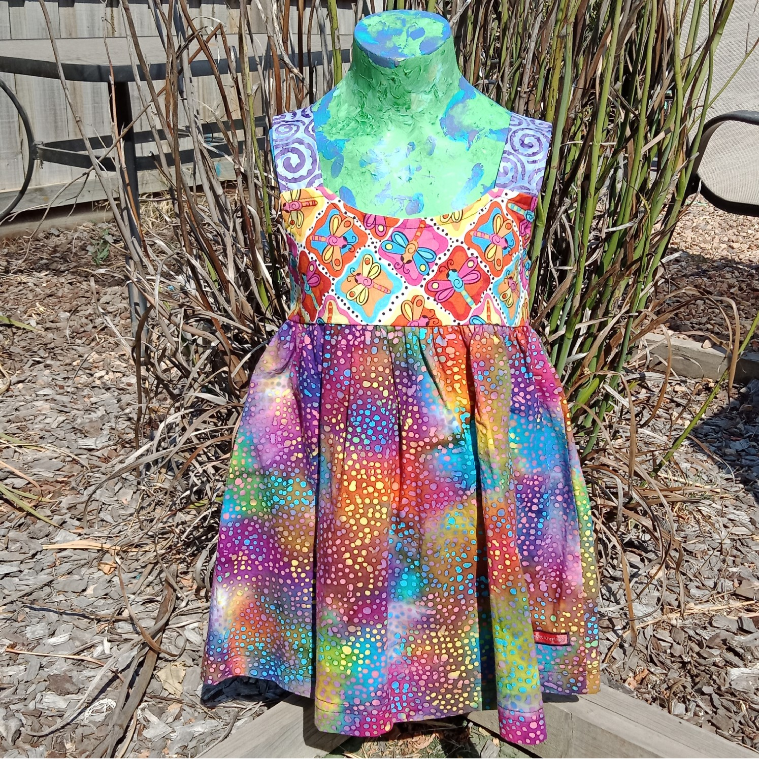 Girls Dress, Size 4, Bright Dragonflies/Spots/Spirals.