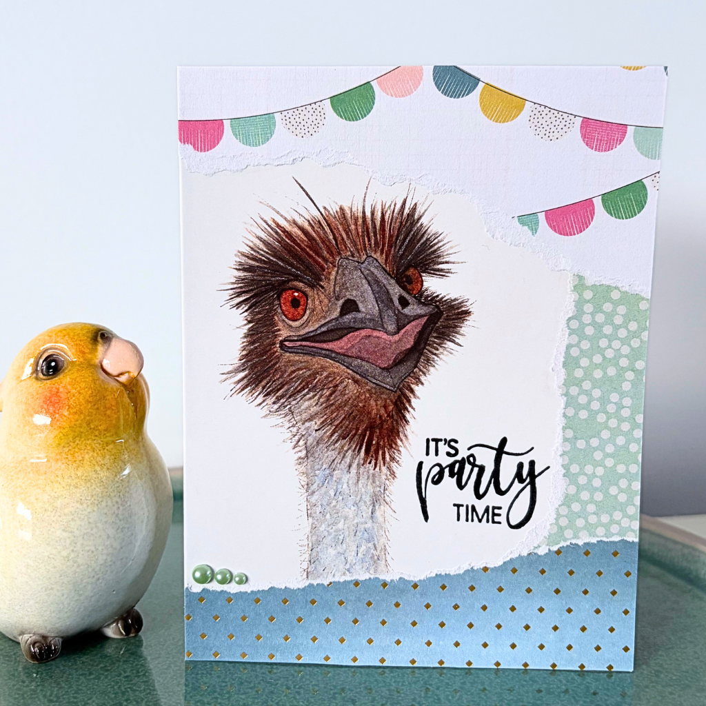 Excited emu "It's party time" card