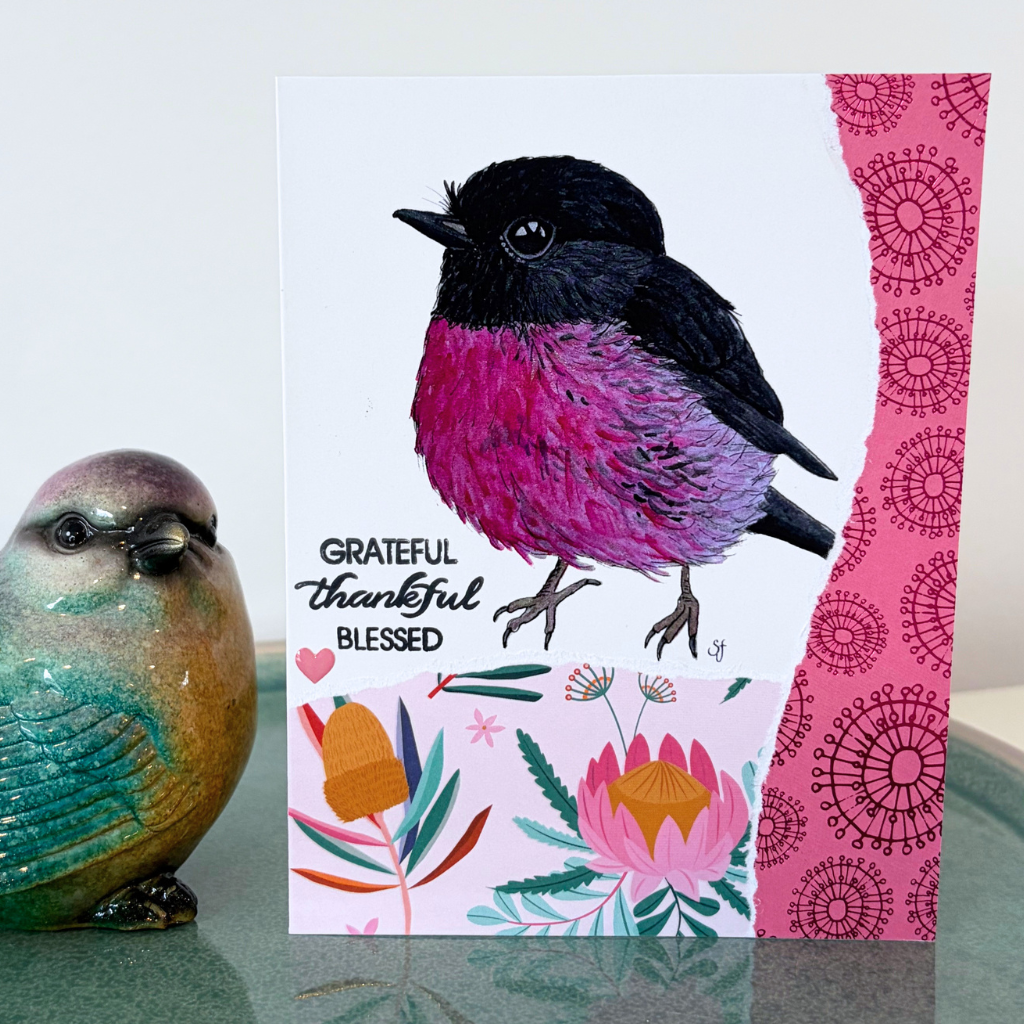 Pink robin "Grateful, thankful, blessed" card