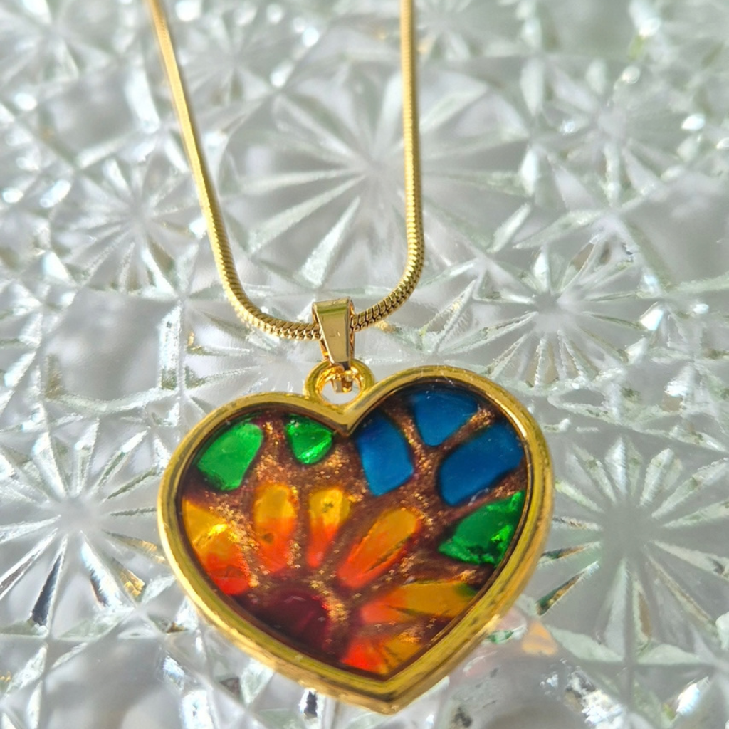 Stained-Glass Effect Resin Sunflower Heart Pendant