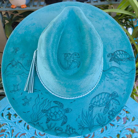 Hand burnt fedora hat - The sea turtle journey
