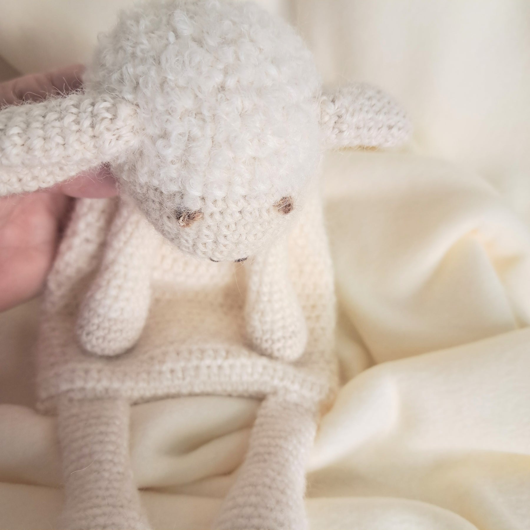 Handmade crochet sheep snuggler, Australian wool, alpaca, silk