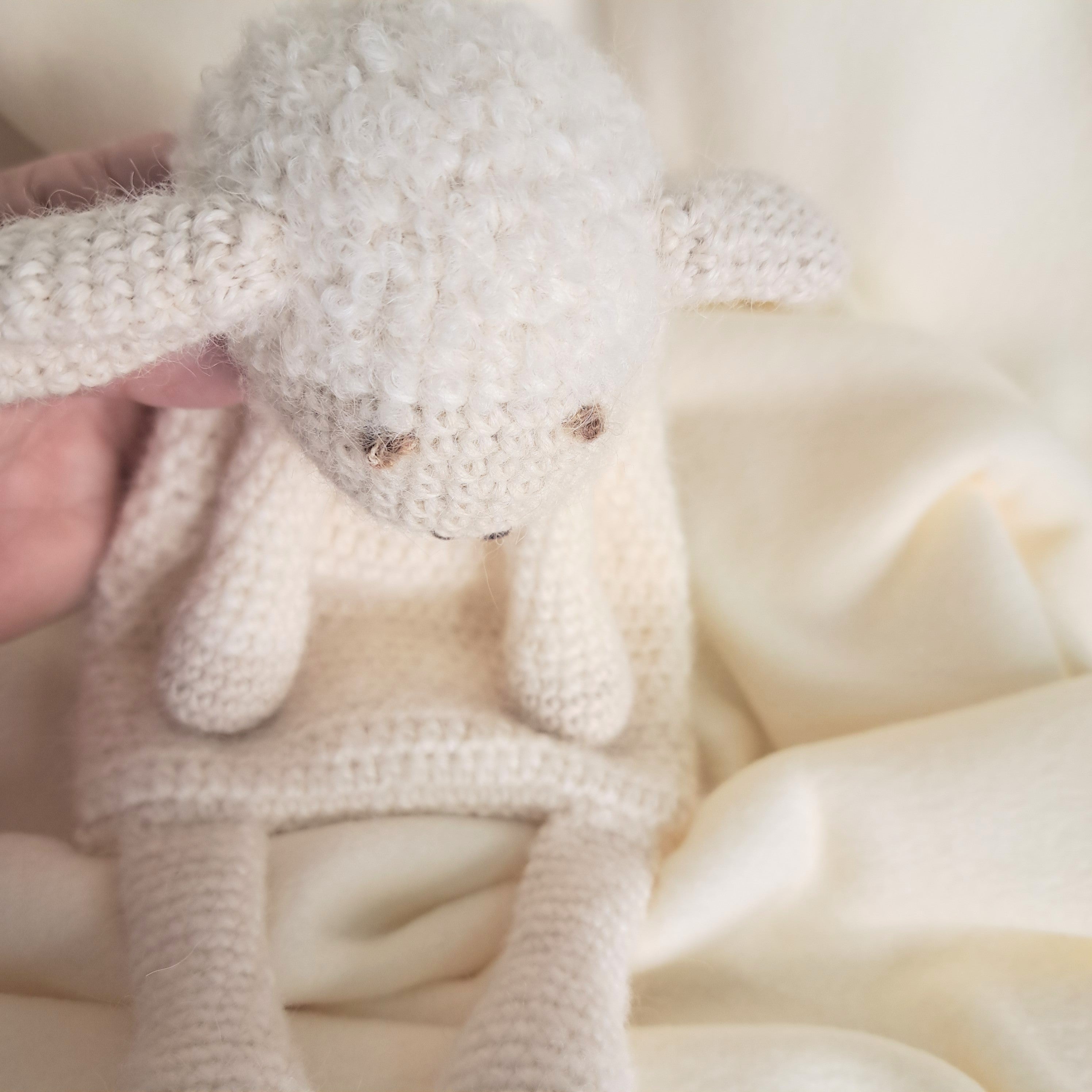 Handmade crochet sheep snuggler, Australian wool, alpaca, silk