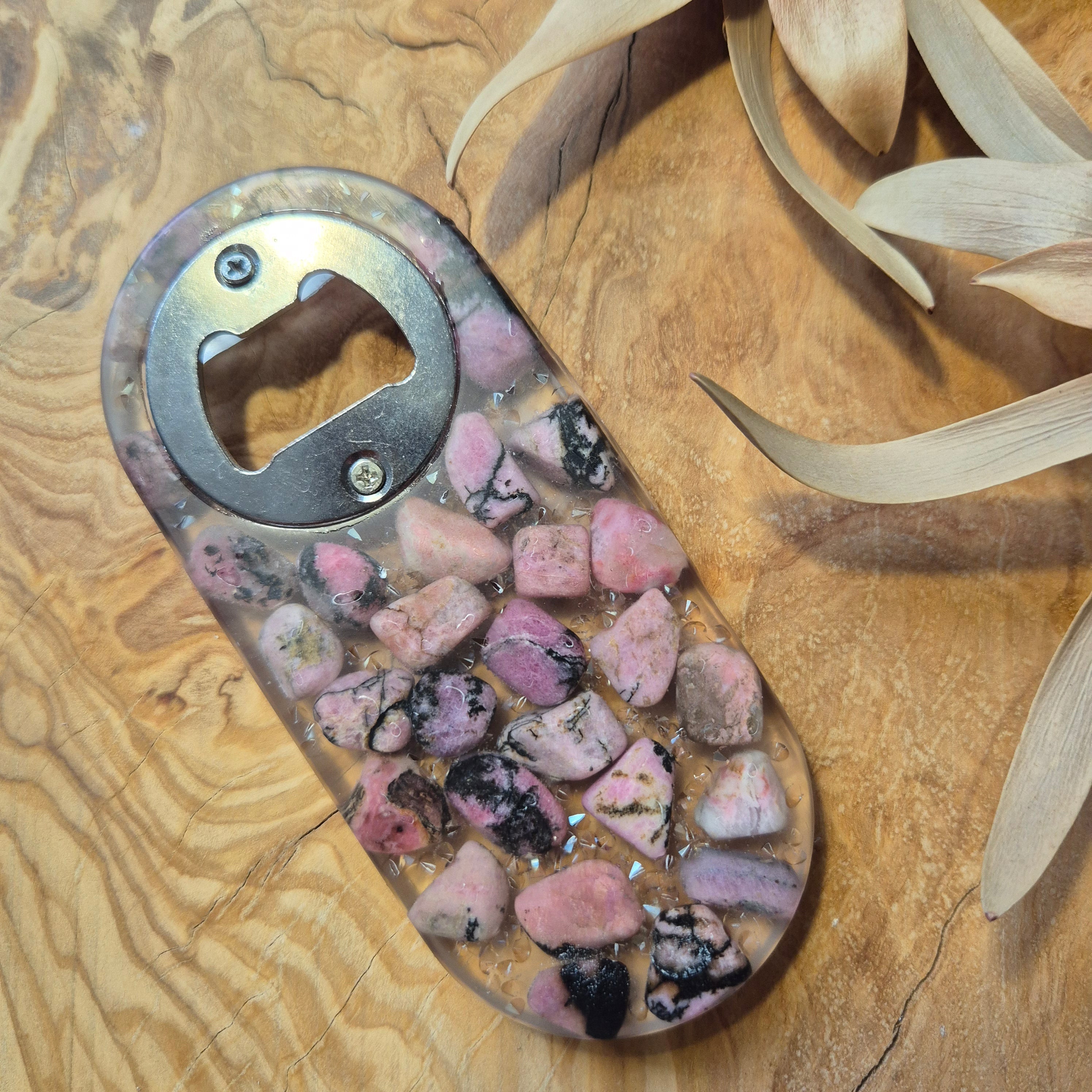 Resin bottle openers with inlaid semi-precious gemstones or sea glass