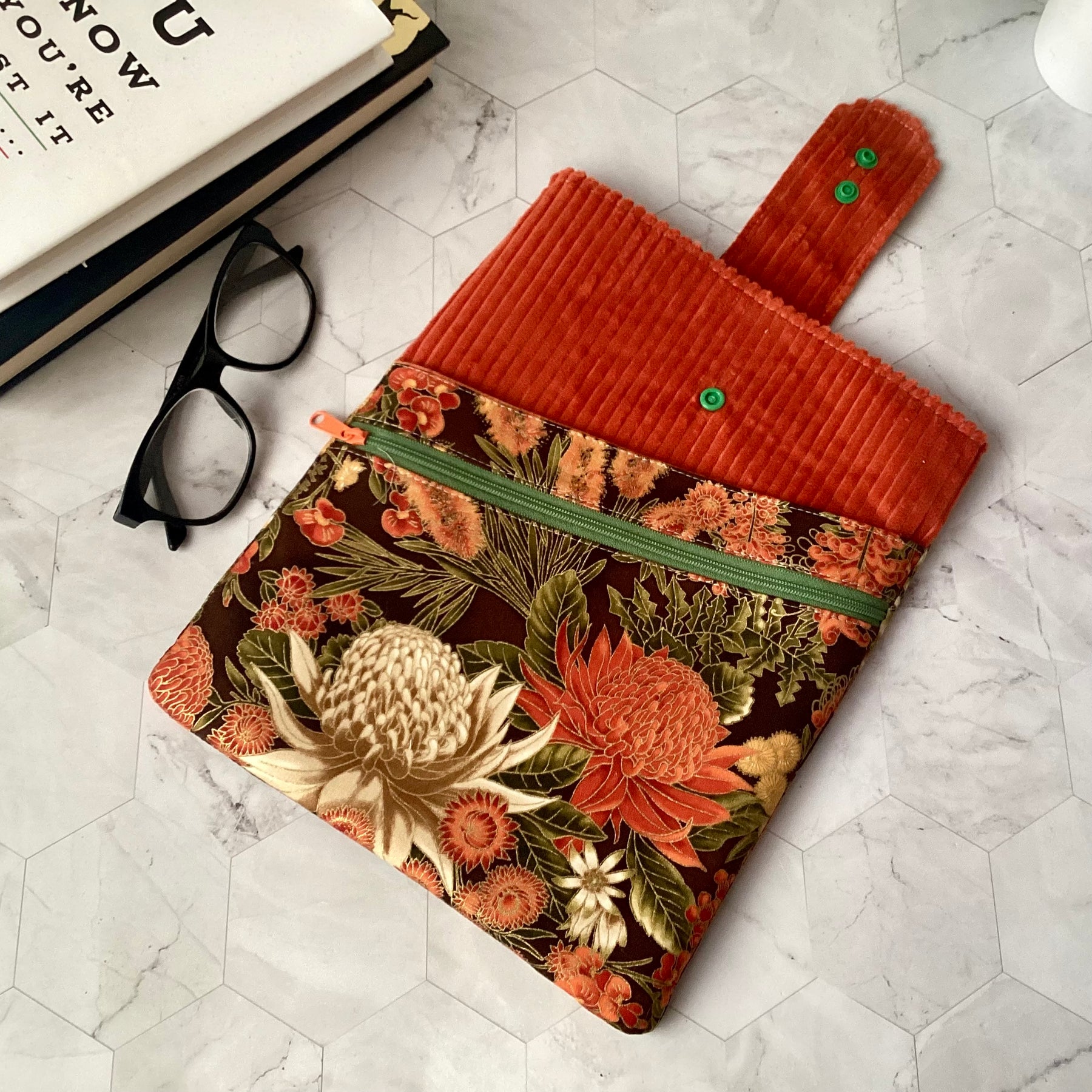 Australian wildflowers Waratahs fabric book sleeve with 2 pockets. iPad, tablet pouch