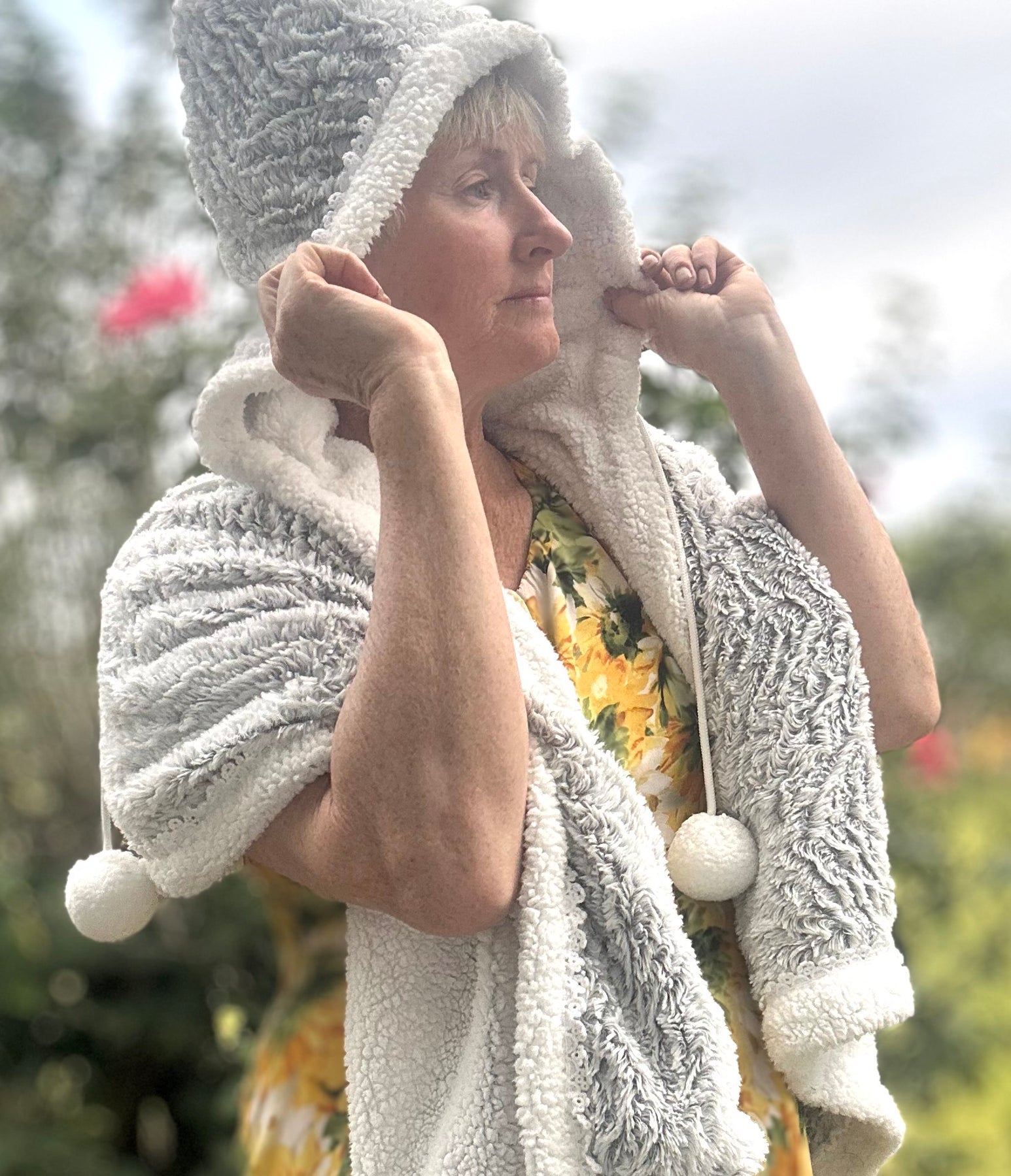 Hooded Grey Blanket Shawl Wrap with Pom Poms