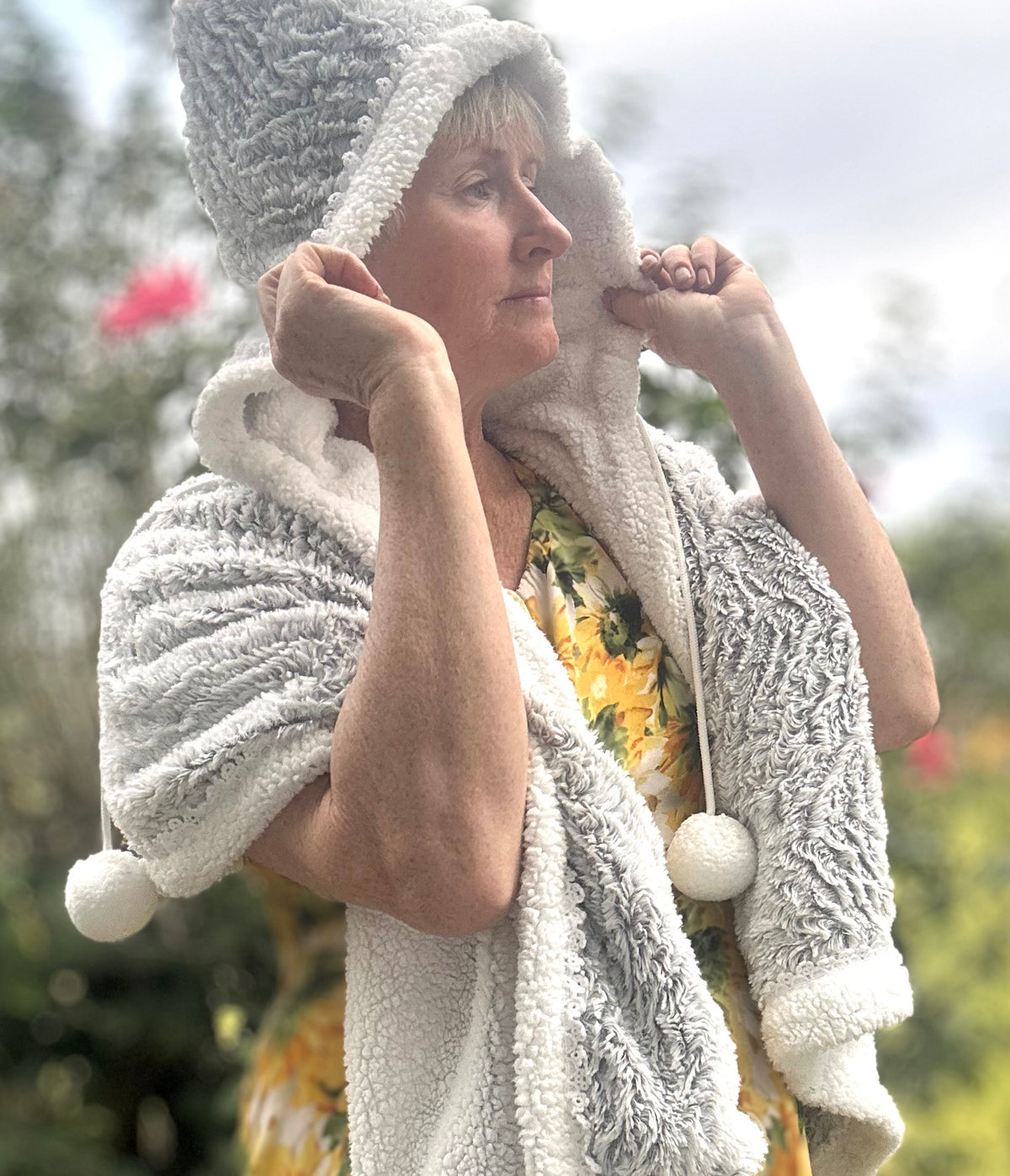 Hooded Grey Blanket Shawl Wrap with Pom Poms