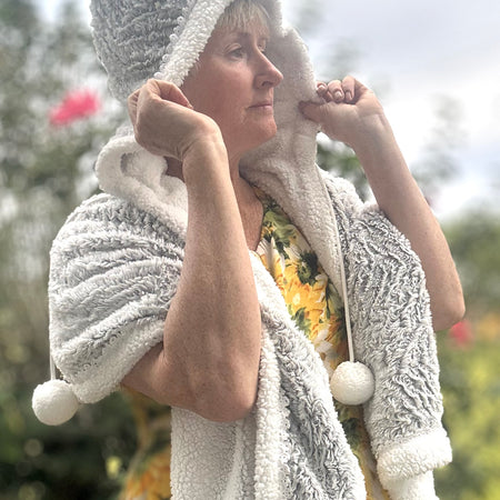 Hooded Grey Blanket Shawl Wrap with Pom Poms