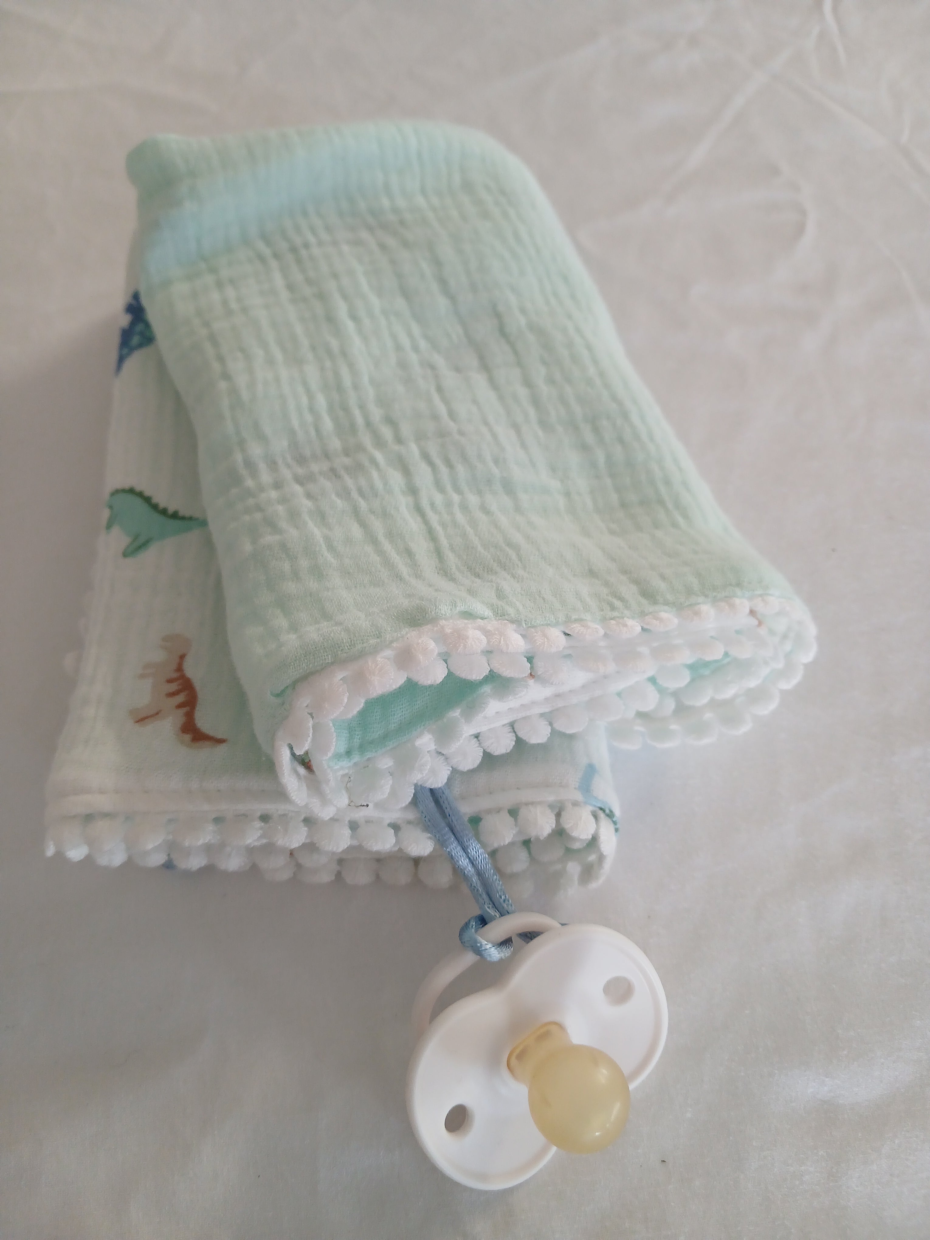 Handmade Double Gauze Dummy Comforter  - 35x31cm with Beechwood Teething Ring -Dinosaurs , Light Mint