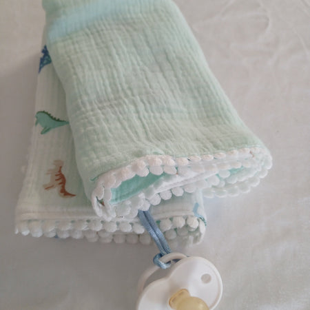 Handmade Double Gauze Dummy Comforter Set of 2 - 35x31cm with Beechwood Teething Ring -Dinosaurs , Light Mint