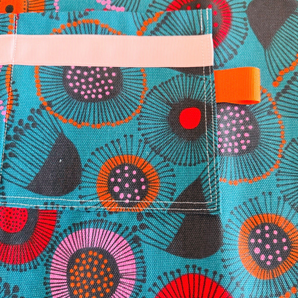 Australian bush flowers Japanese style cross back kitchen apron. Crafting, gardening, no ties apron.