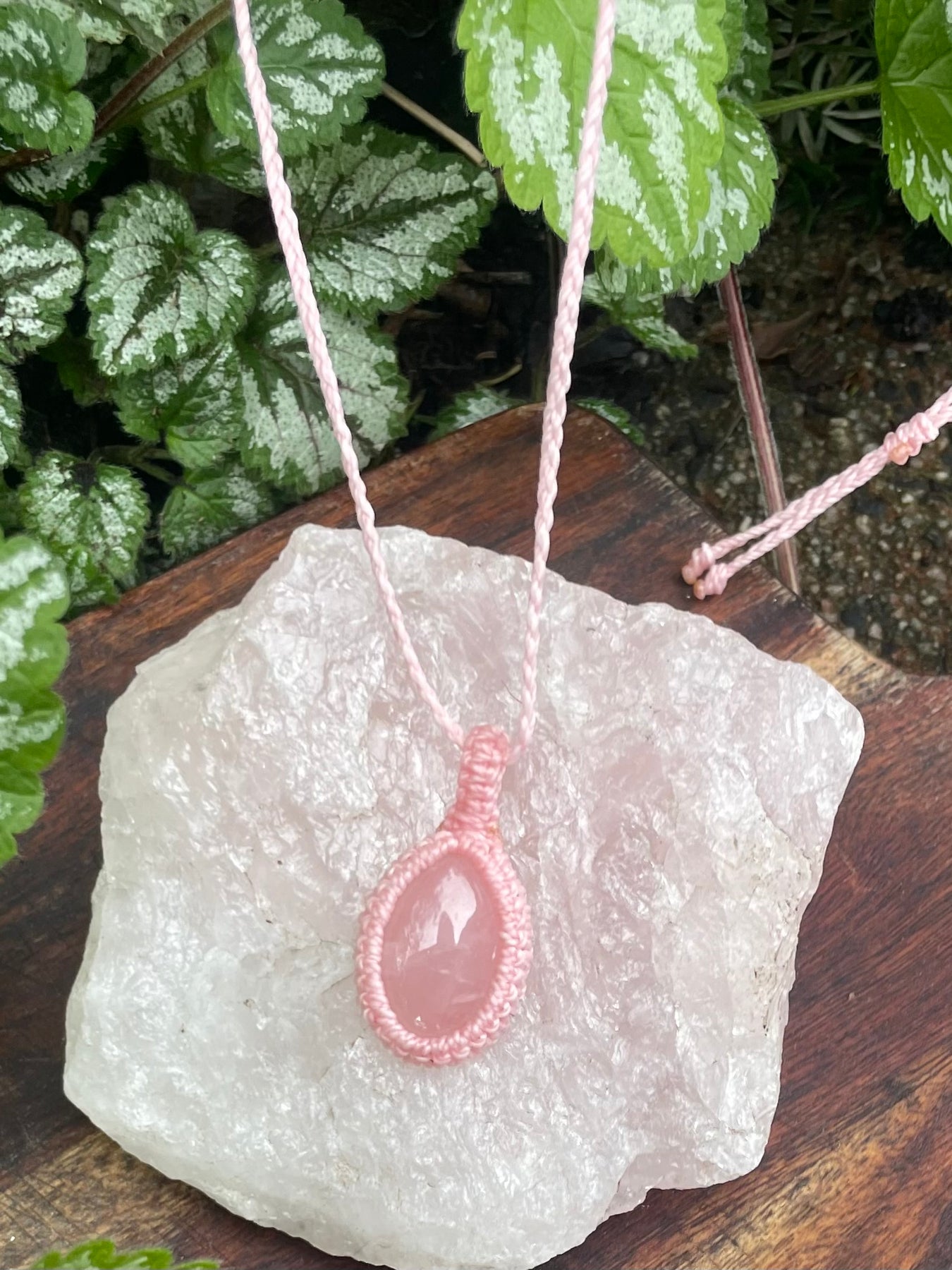 Rose Quartz, Pink gemstone macrame necklace, adjustable