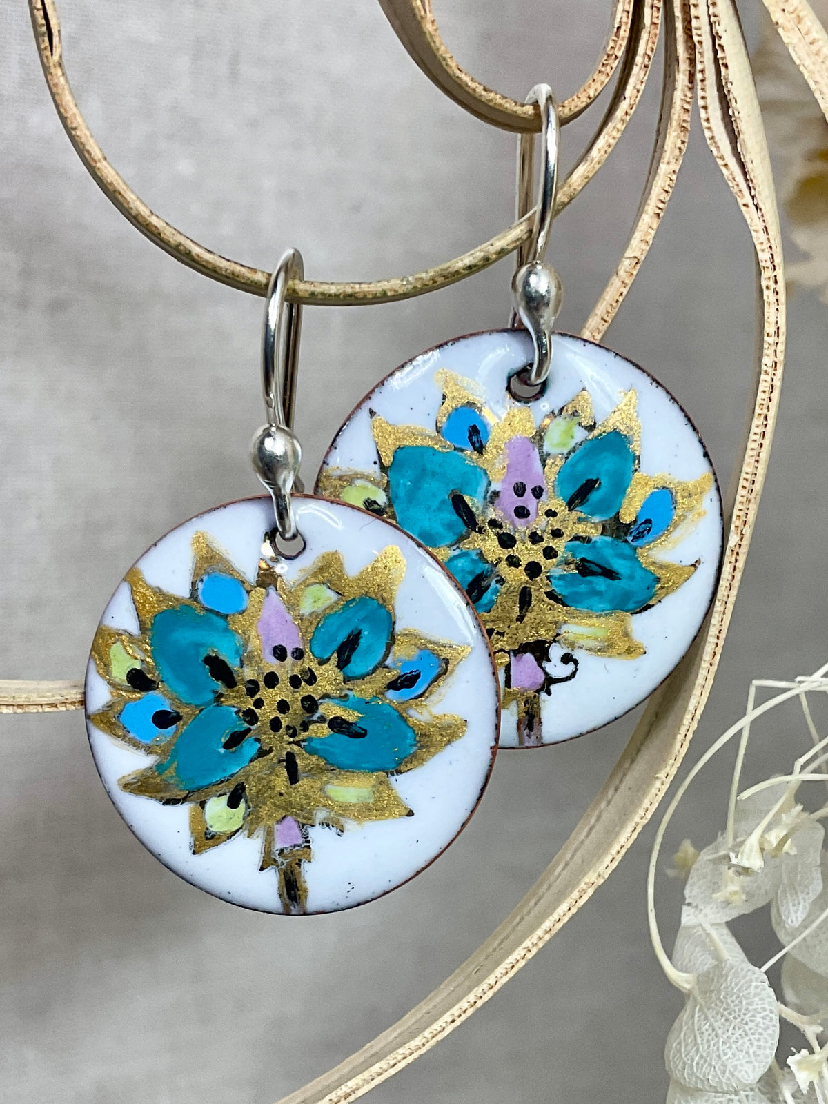 Flowers. Hand painted enamel earrings. 2 designs