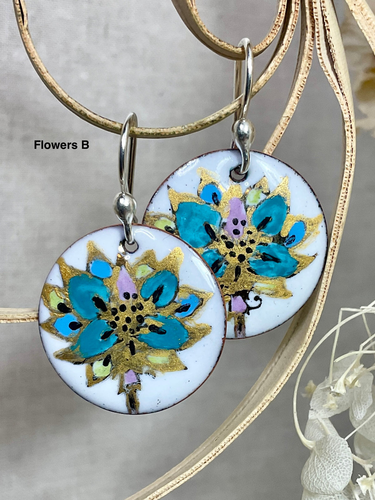 Flowers. Hand painted enamel earrings. 2 designs