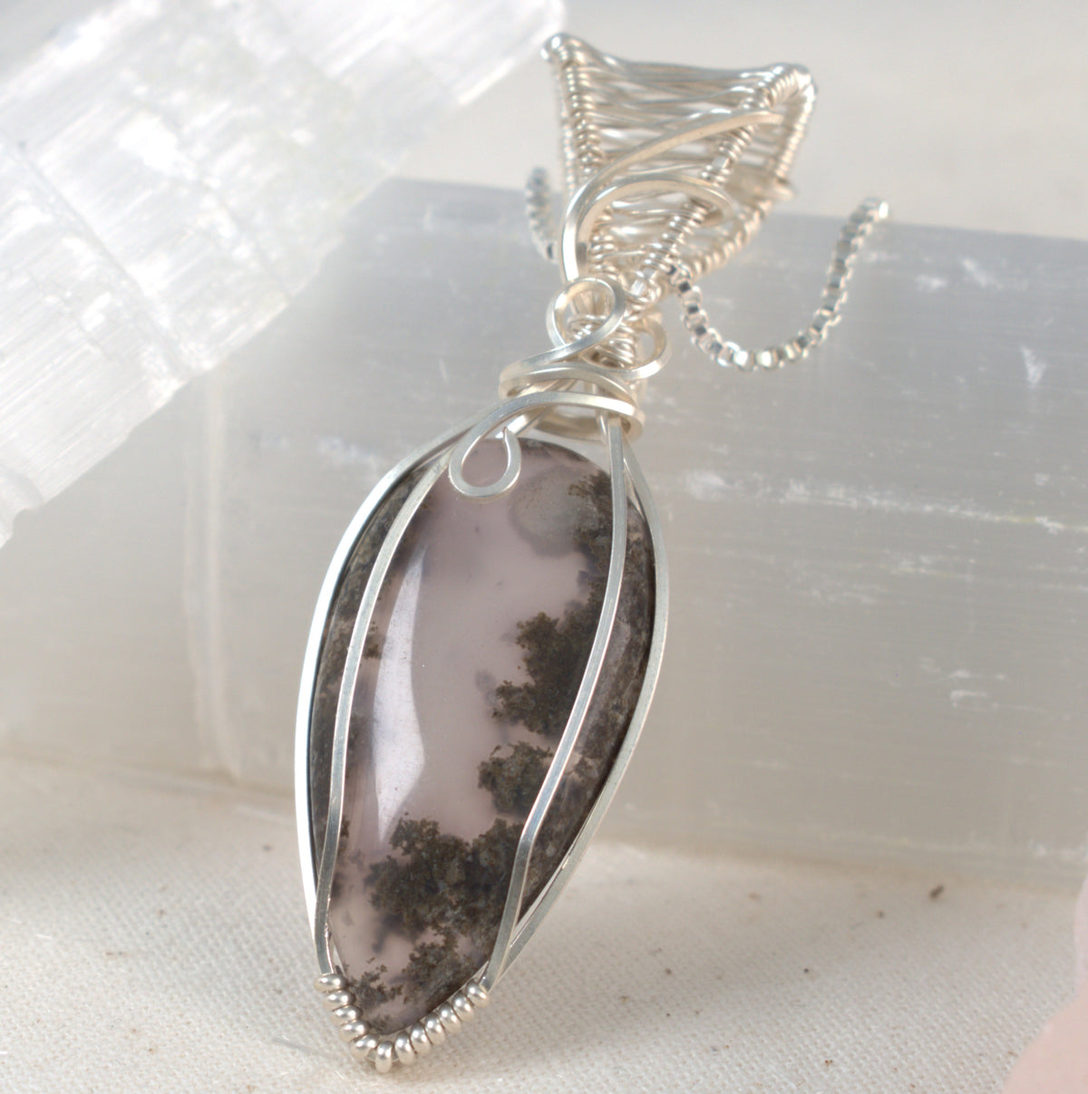 Misty Hollow – Indonesian Moss Agate Silver-Filled Pendant