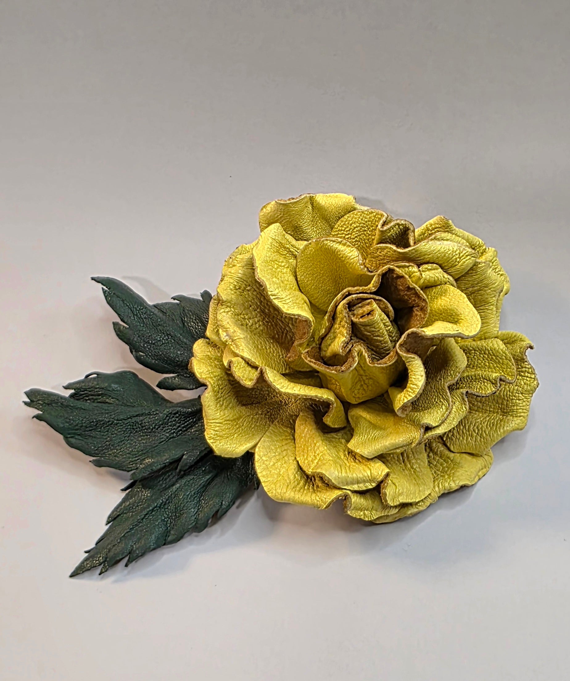 Leather Rose “Golden Olive”  Brooch Flower,  Hair/Hat  Clip