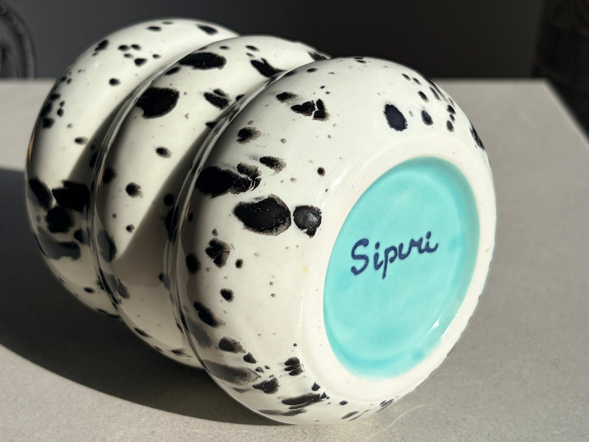 Handcrafted Porcelain Tumbler with Silicon Straw, 600mL Bubble Cup in Dalmatian Glaze