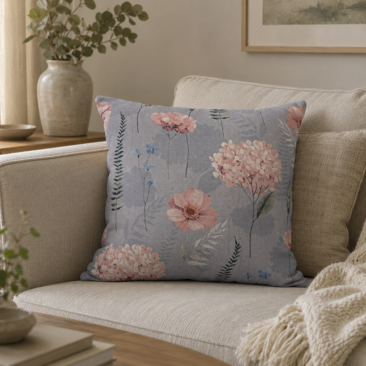 Blue Floral Cushion Covers-Hydrangea Throw Pillow-45x45cm