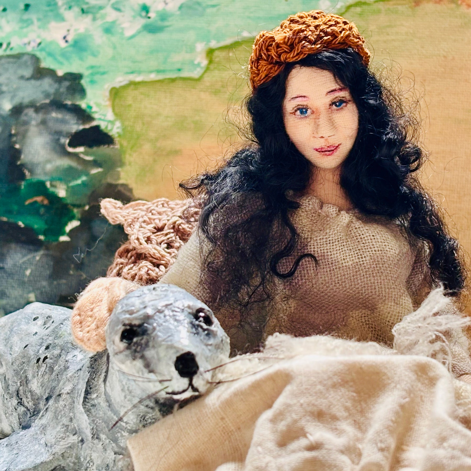 Selkie, mixed media doll, needle felt seal, unique gift