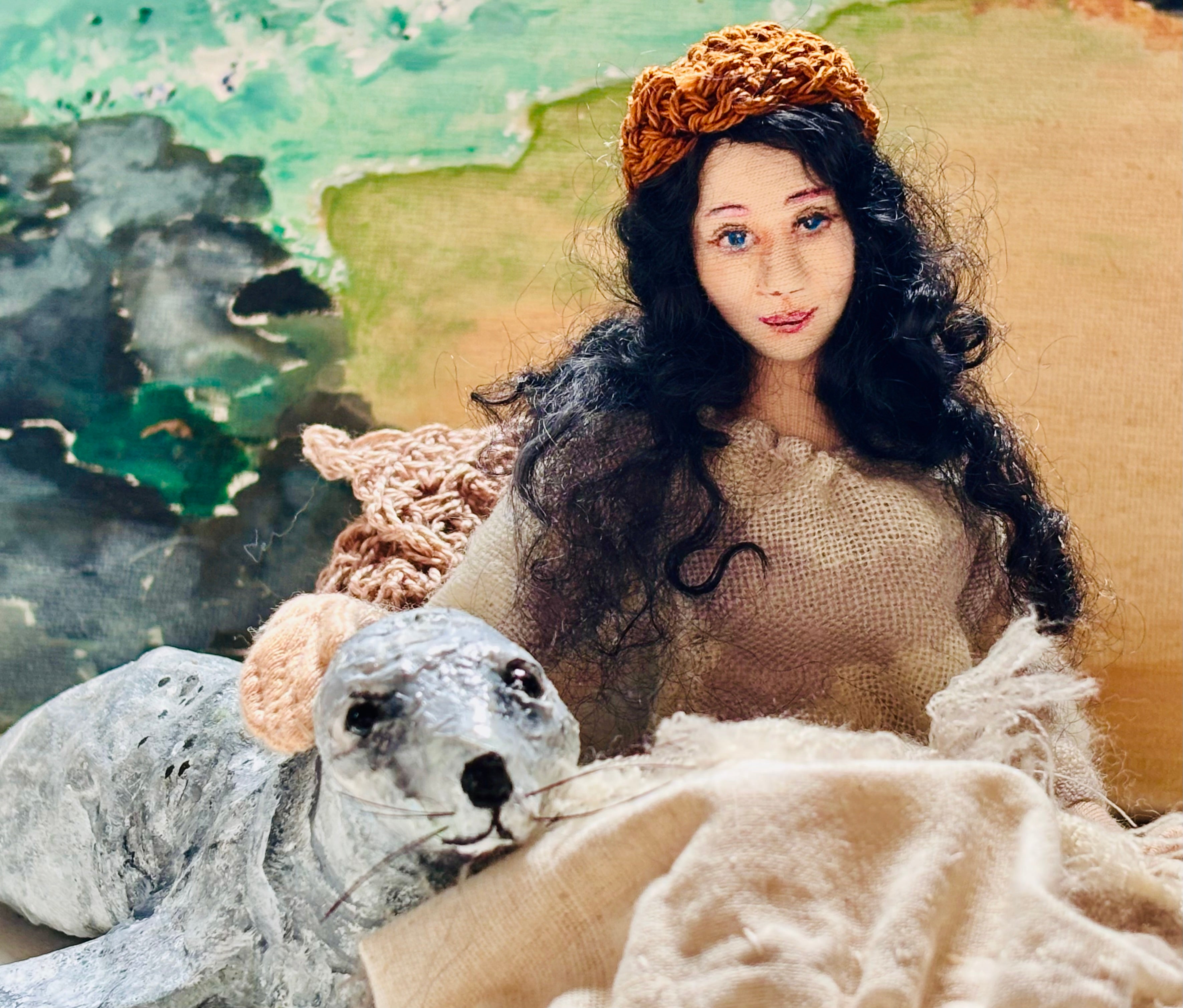 Selkie, mixed media doll, needle felt seal, unique gift