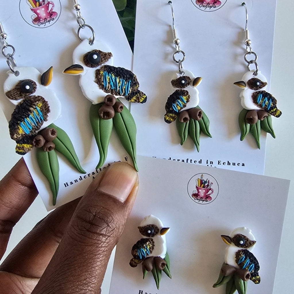 Australian Kookaburra birds earrings with Gum leaves and Gum nuts