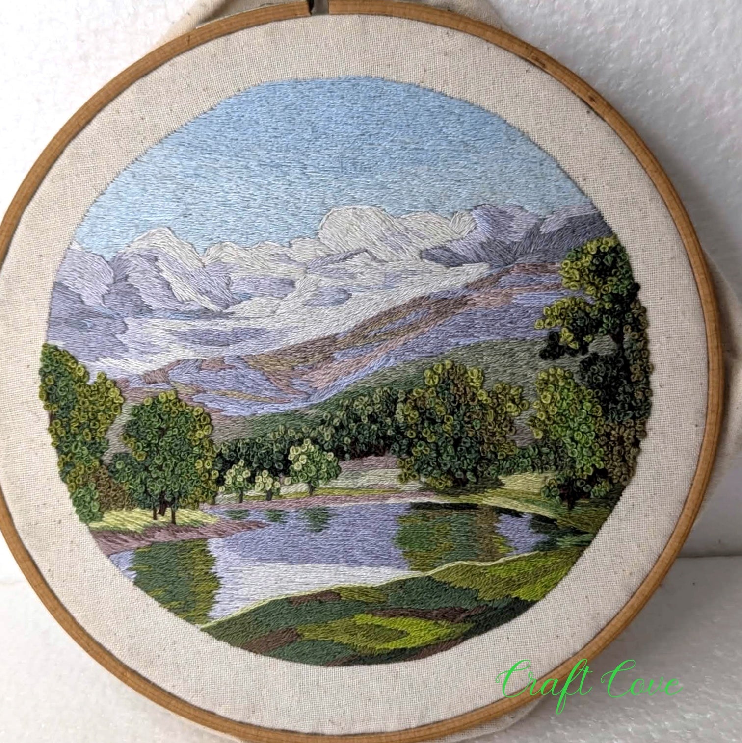 Hand Embroidered Mountain Landscape – Intricate Thread Painting