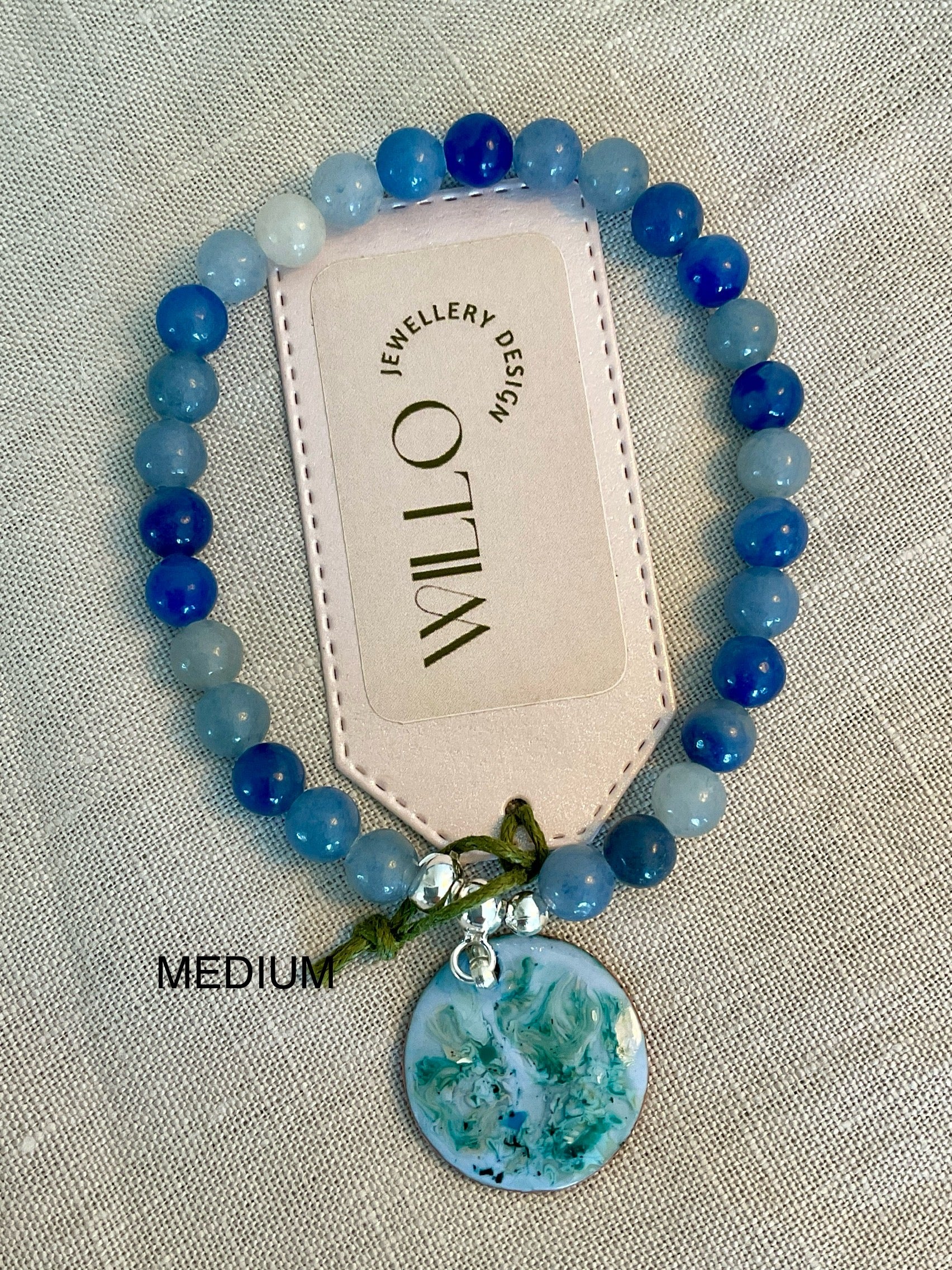 Aventurine (blue) gemstone bracelet with enamel charm