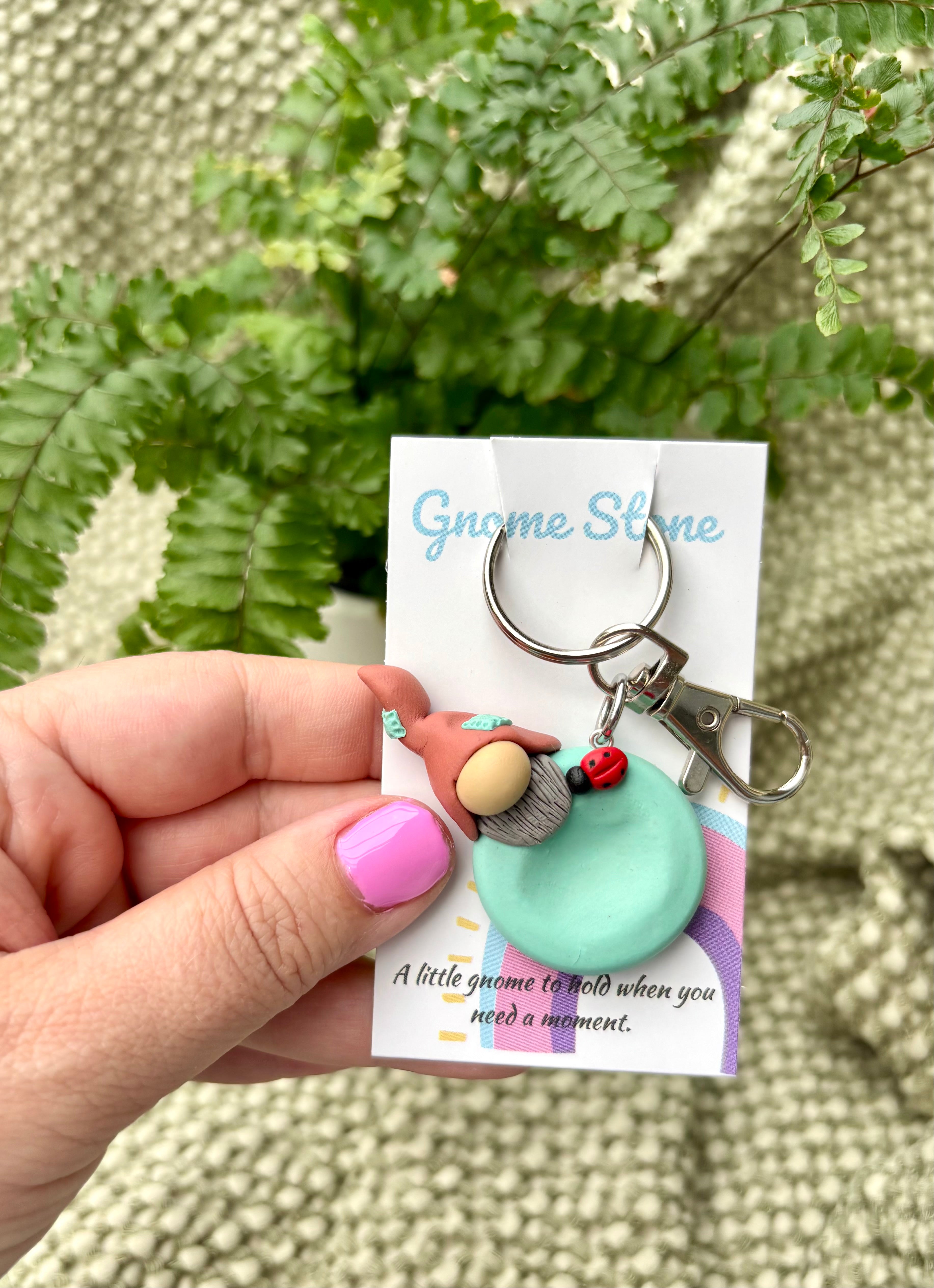 Gnome Stone - Mint and terracotta with a ladybug