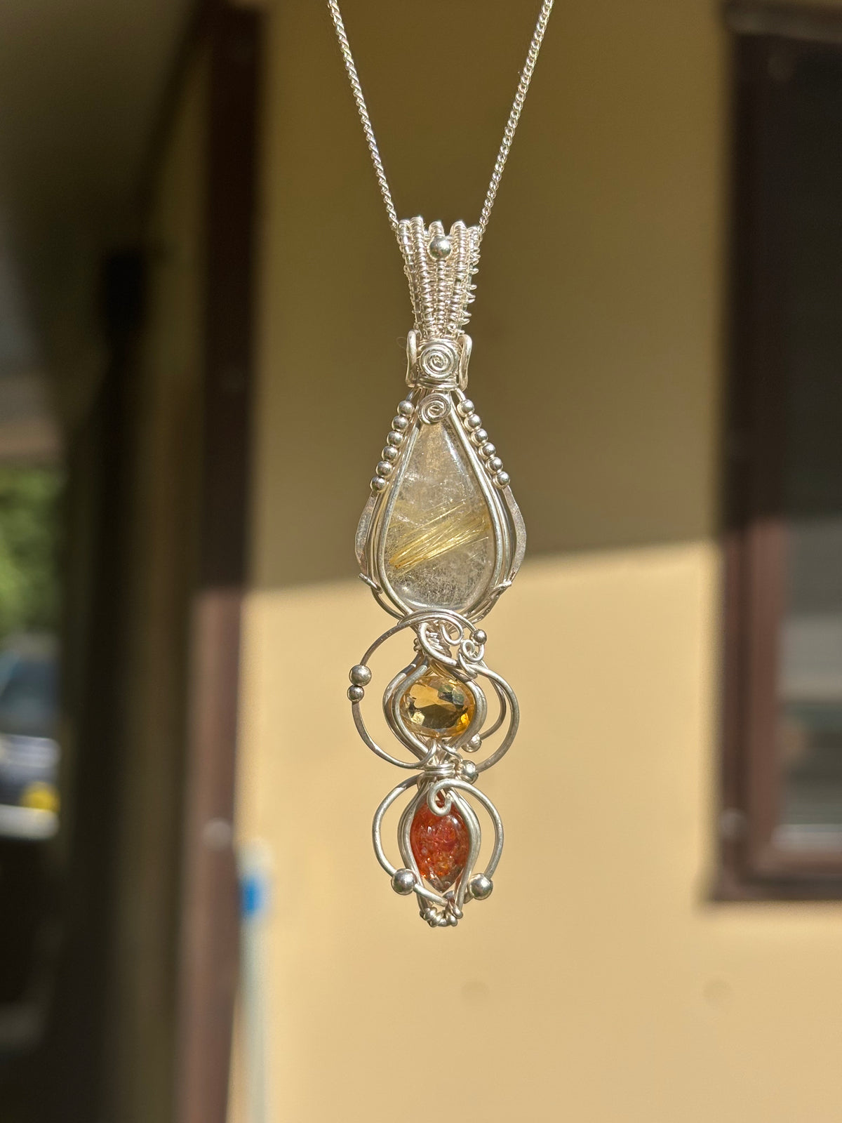 Citrine, Sunstone, Rutilated Quartz Crystal Pendant wire wrap