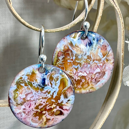 Pink and blue swirl. Enamel earrings. Handmade