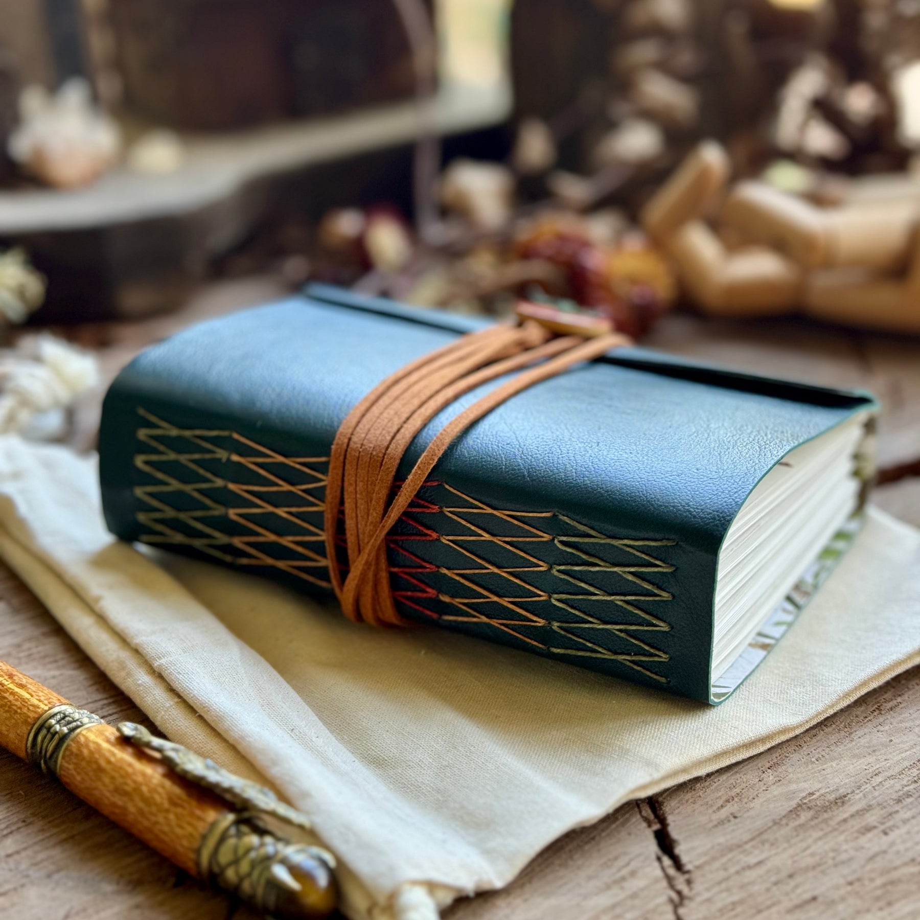 Forest Green Cross-Stitched Leather A6 Journal