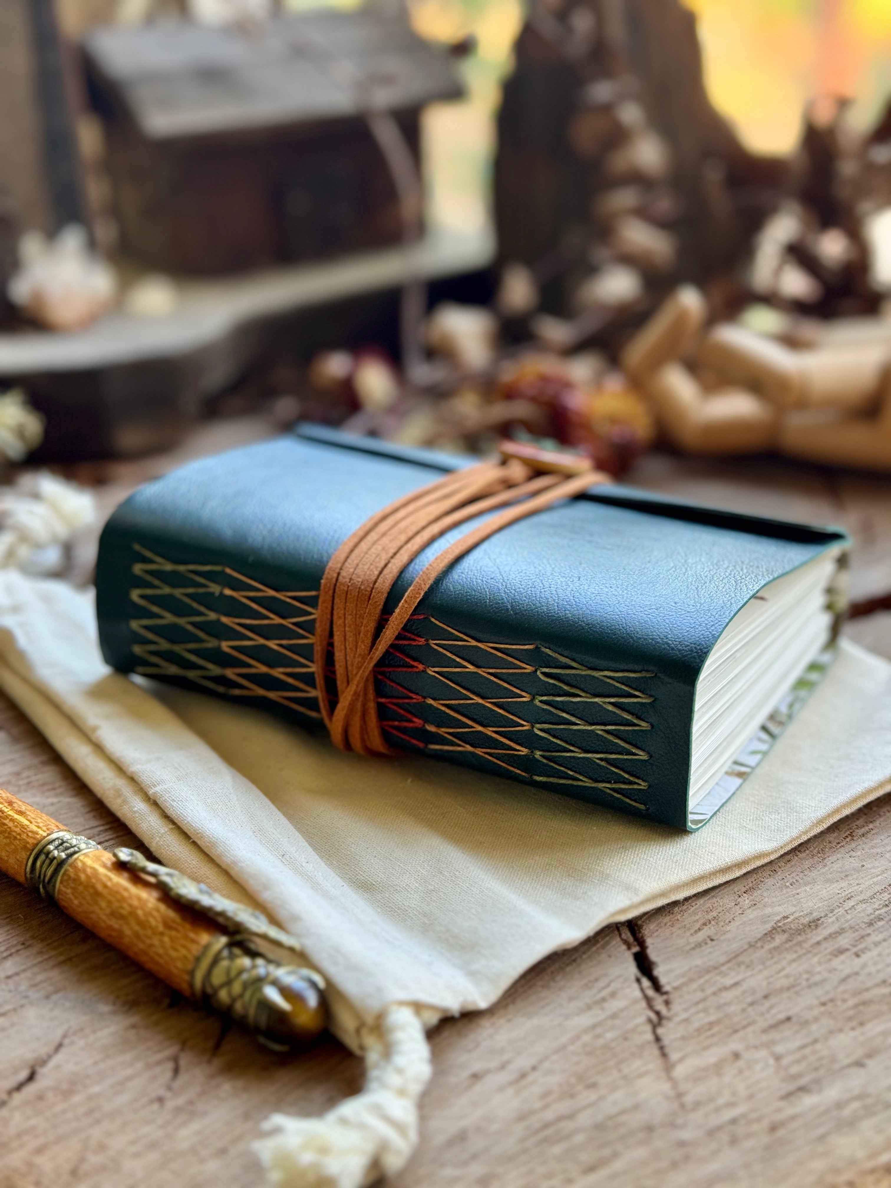 Forest Green Cross-Stitched Leather A6 Journal