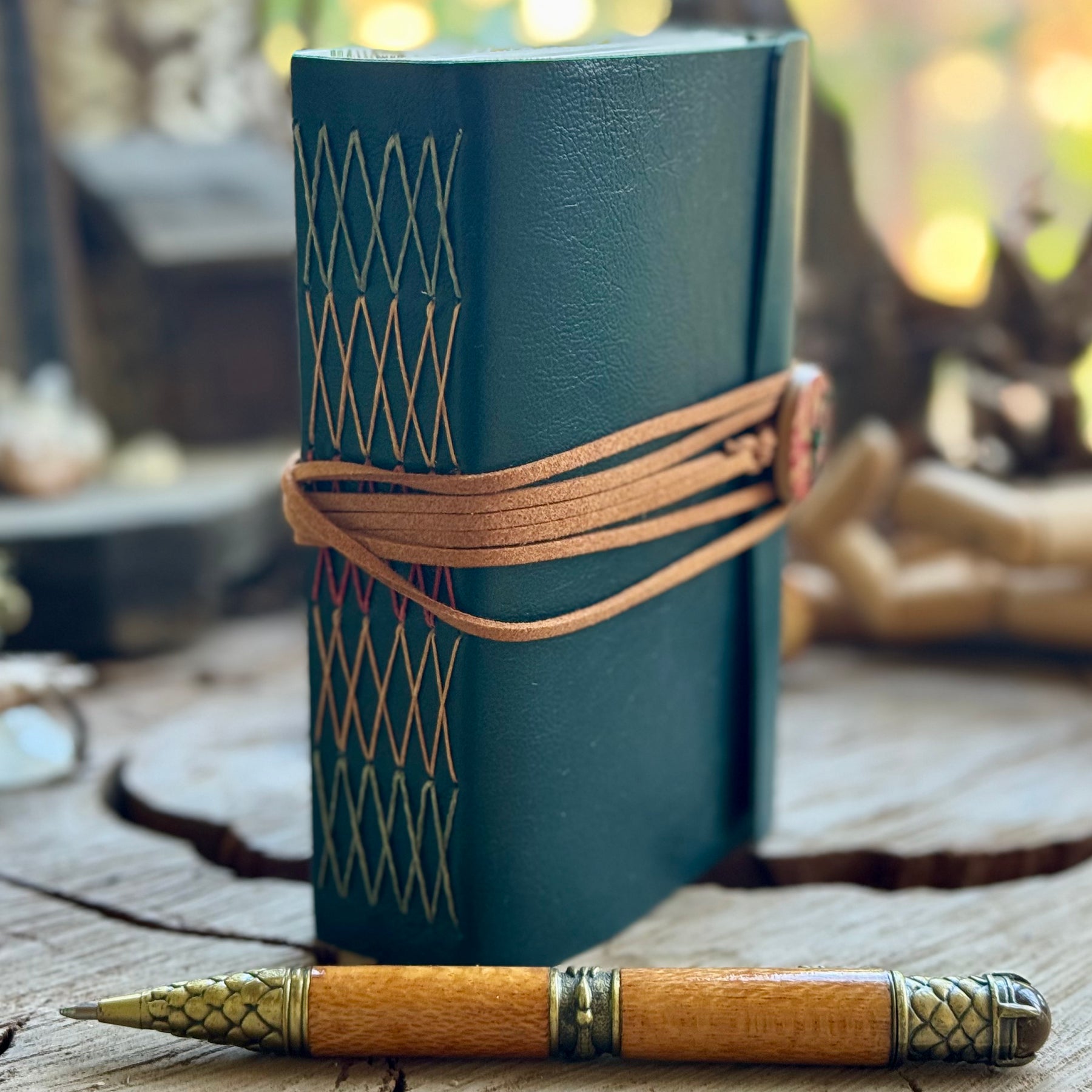 Forest Green Cross-Stitched Leather A6 Journal