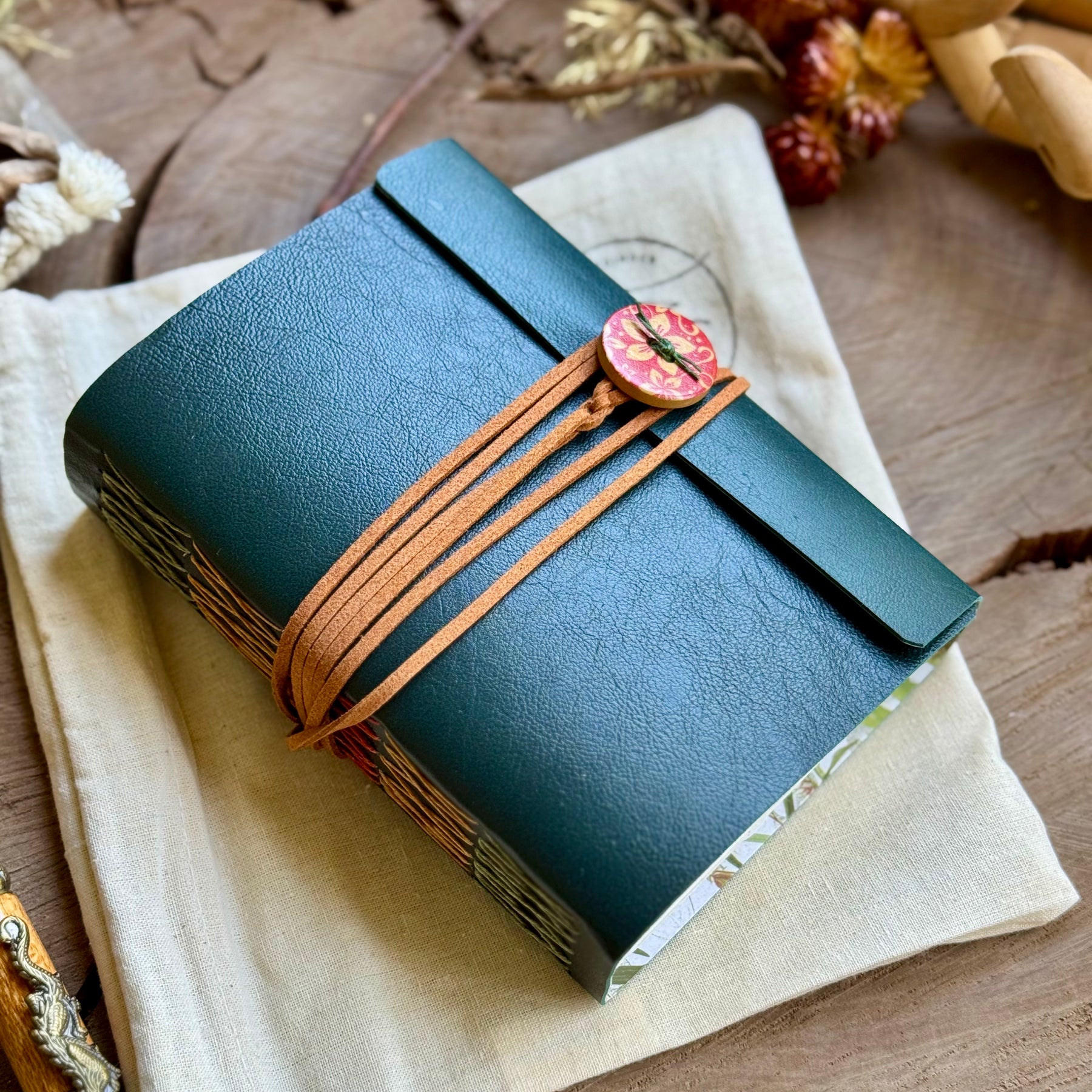 Forest Green Cross-Stitched Leather A6 Journal