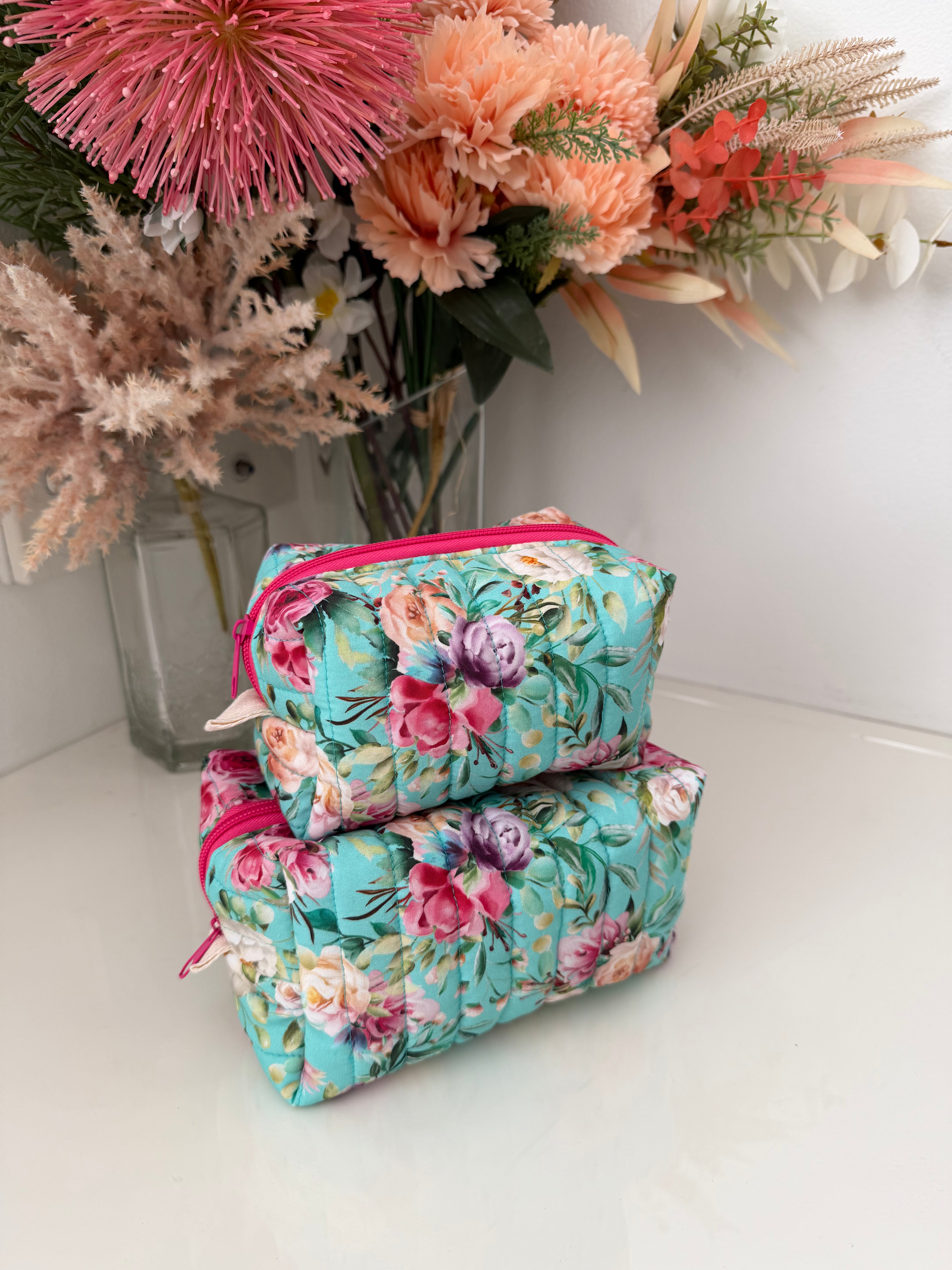 Set of 2 - Floral Boxy Zipper Pouch - Aqua Floral
