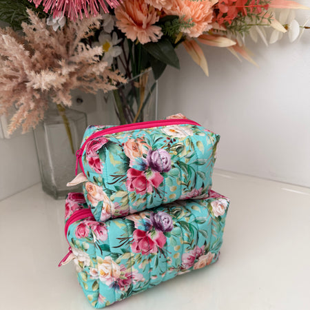 Set of 2 - Floral Boxy Zipper Pouch - Aqua Floral