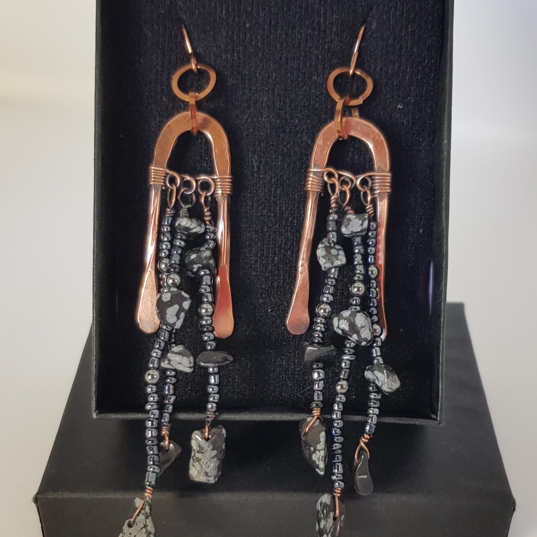 Copper long arched earring with obsidian #670AM/E