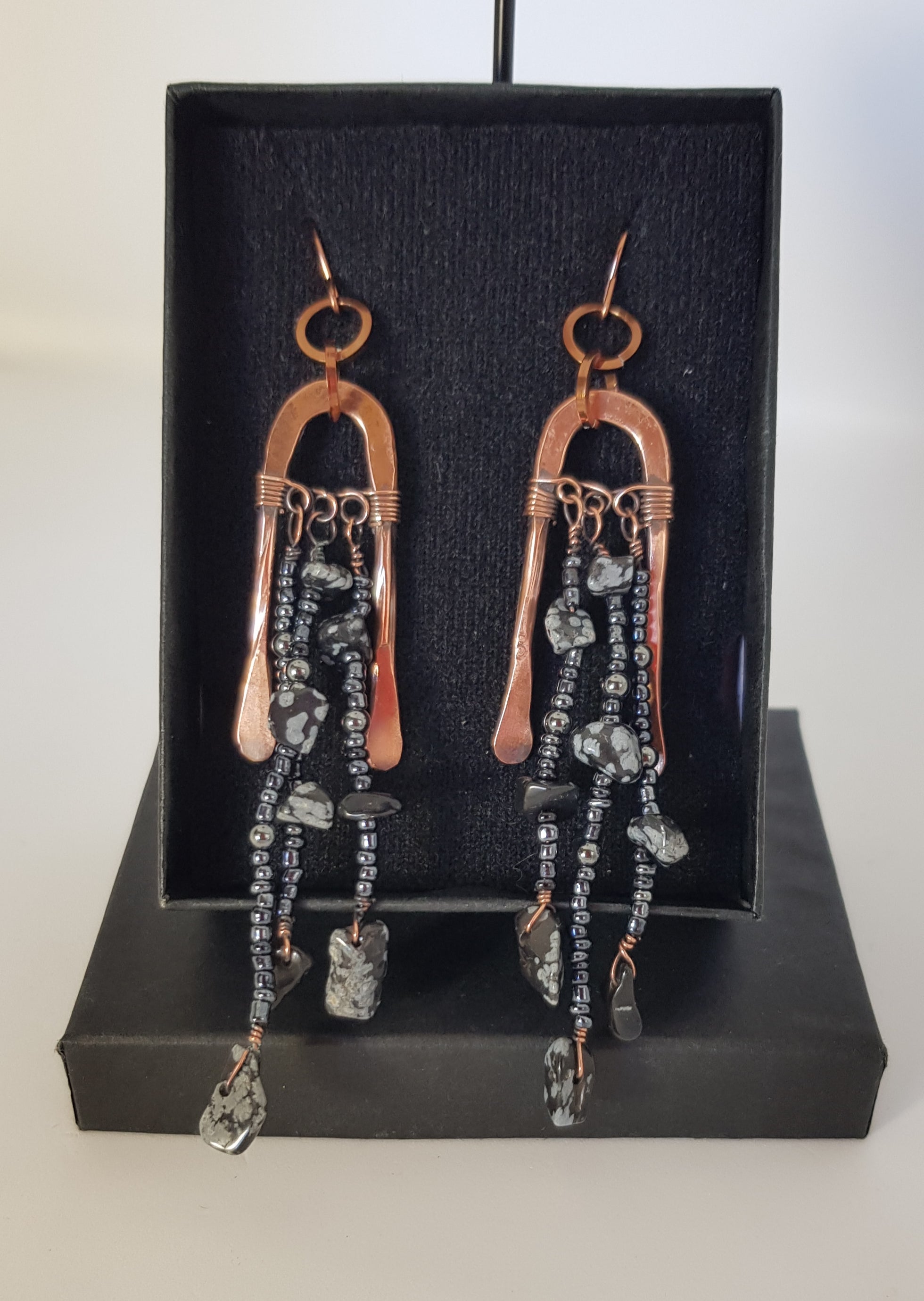 Copper long arched earring with obsidian #670AM/E