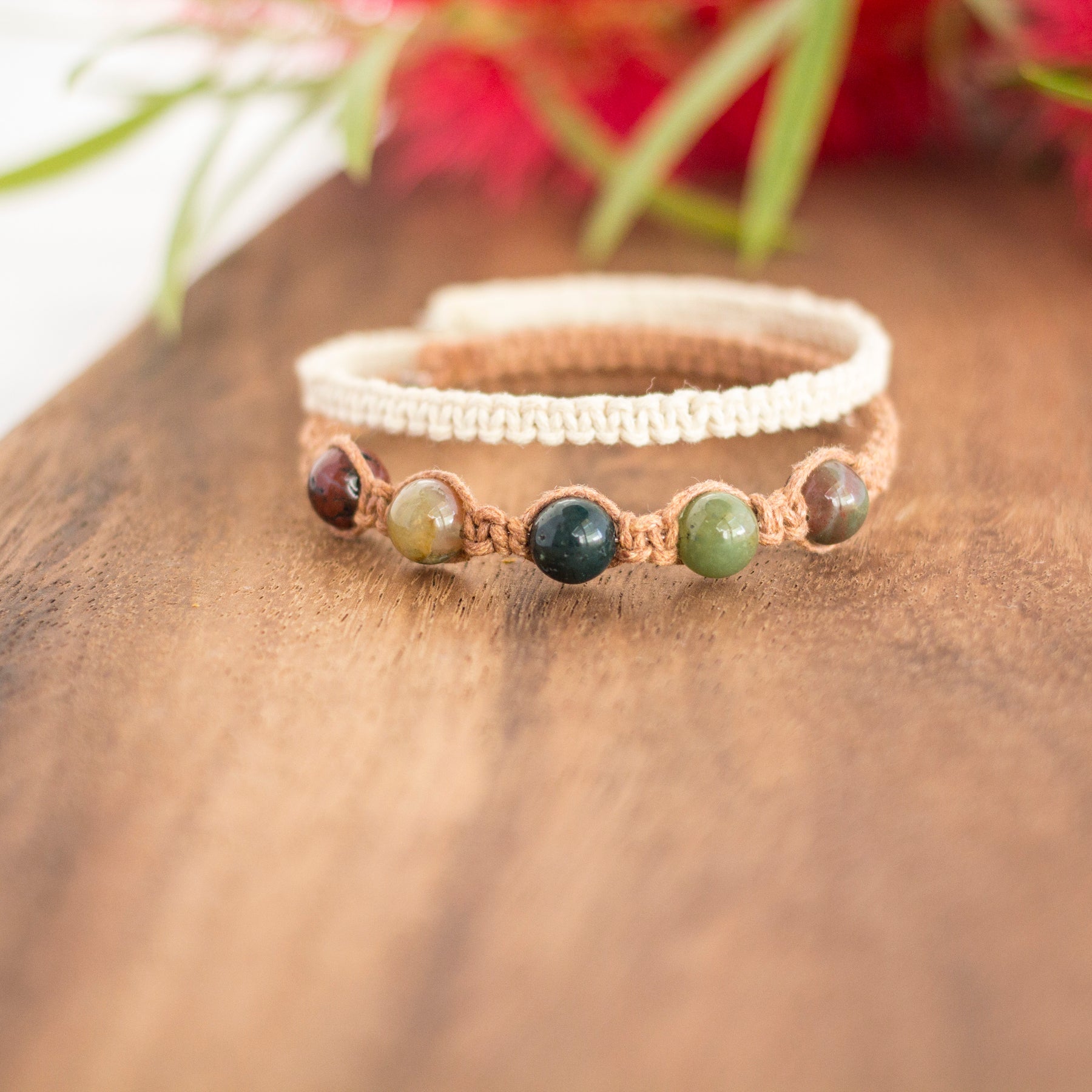 Indian Agate Gemstone Tan Macrame Wrap Bracelet | Cotton Cord Jewellery | Gift Set