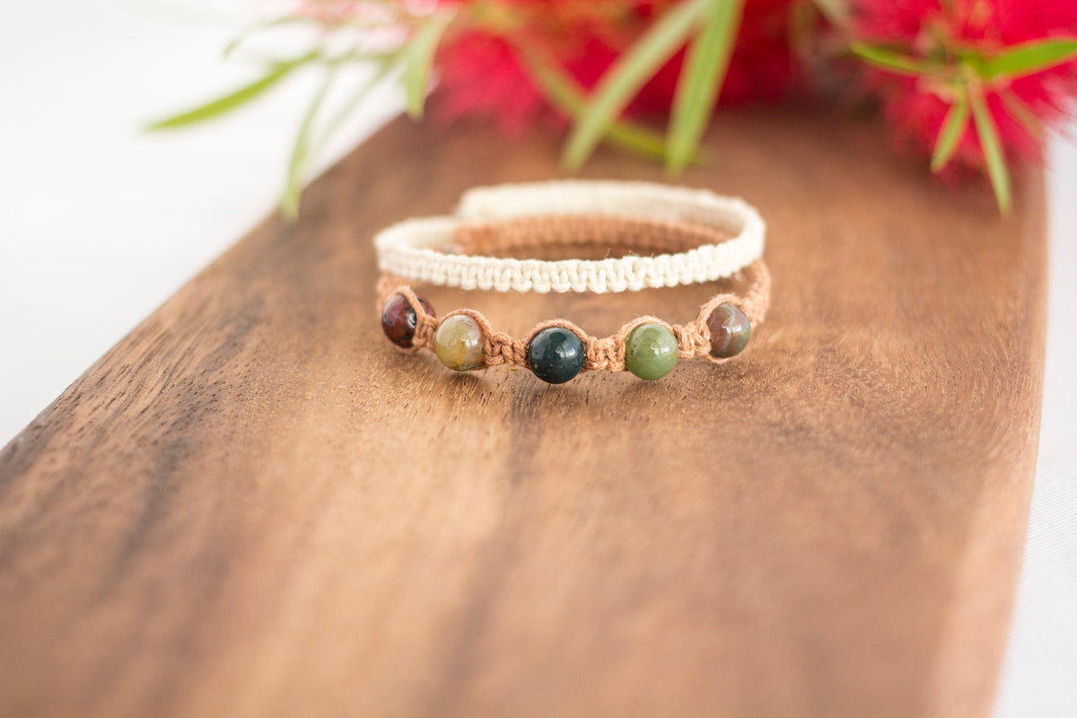 Indian Agate Gemstone Tan Macrame Wrap Bracelet | Cotton Cord Jewellery | Gift Set