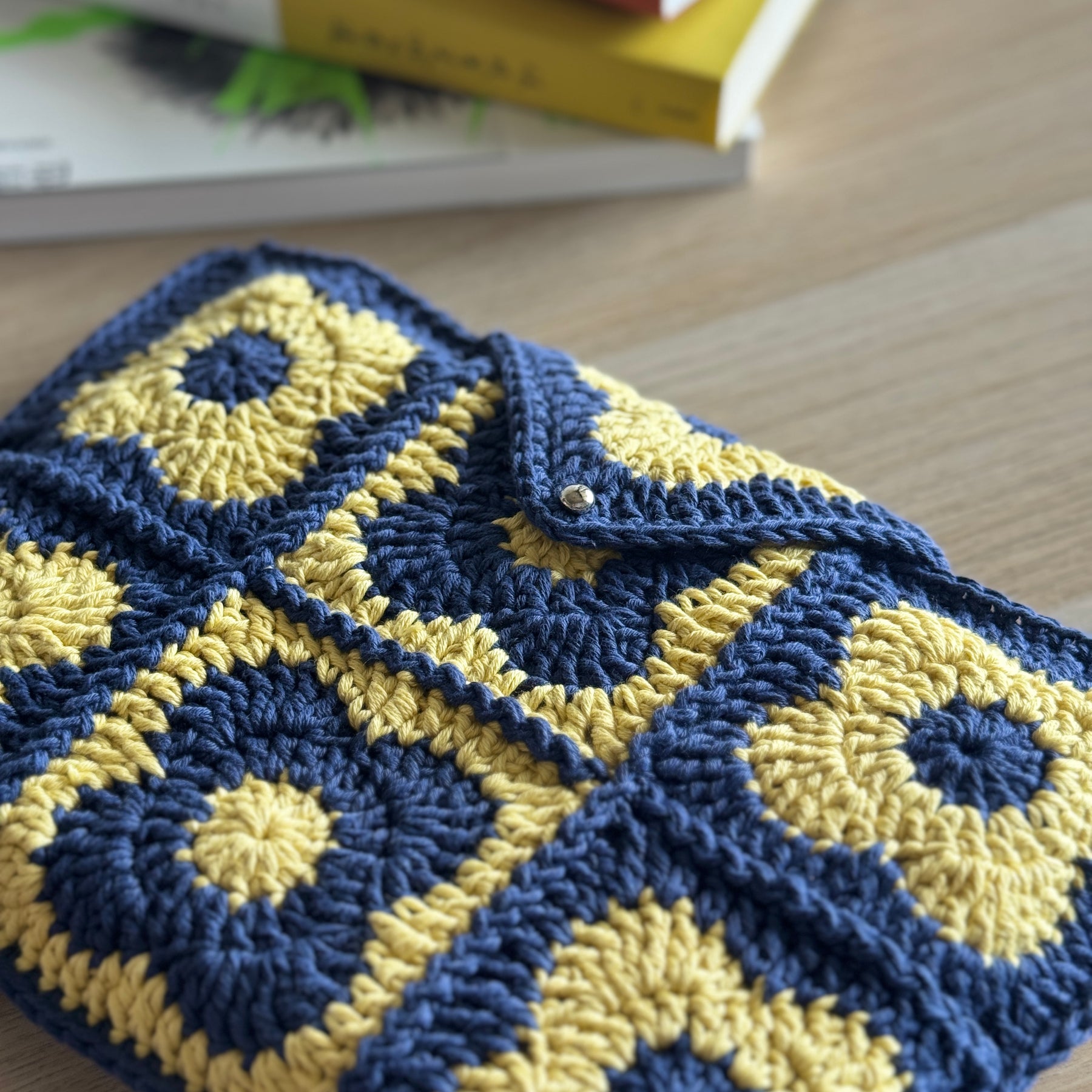 Book Sleeve | Handmade Crochet Book Accessary | Flower Navy x Citrus Ver. Cotton Yarn