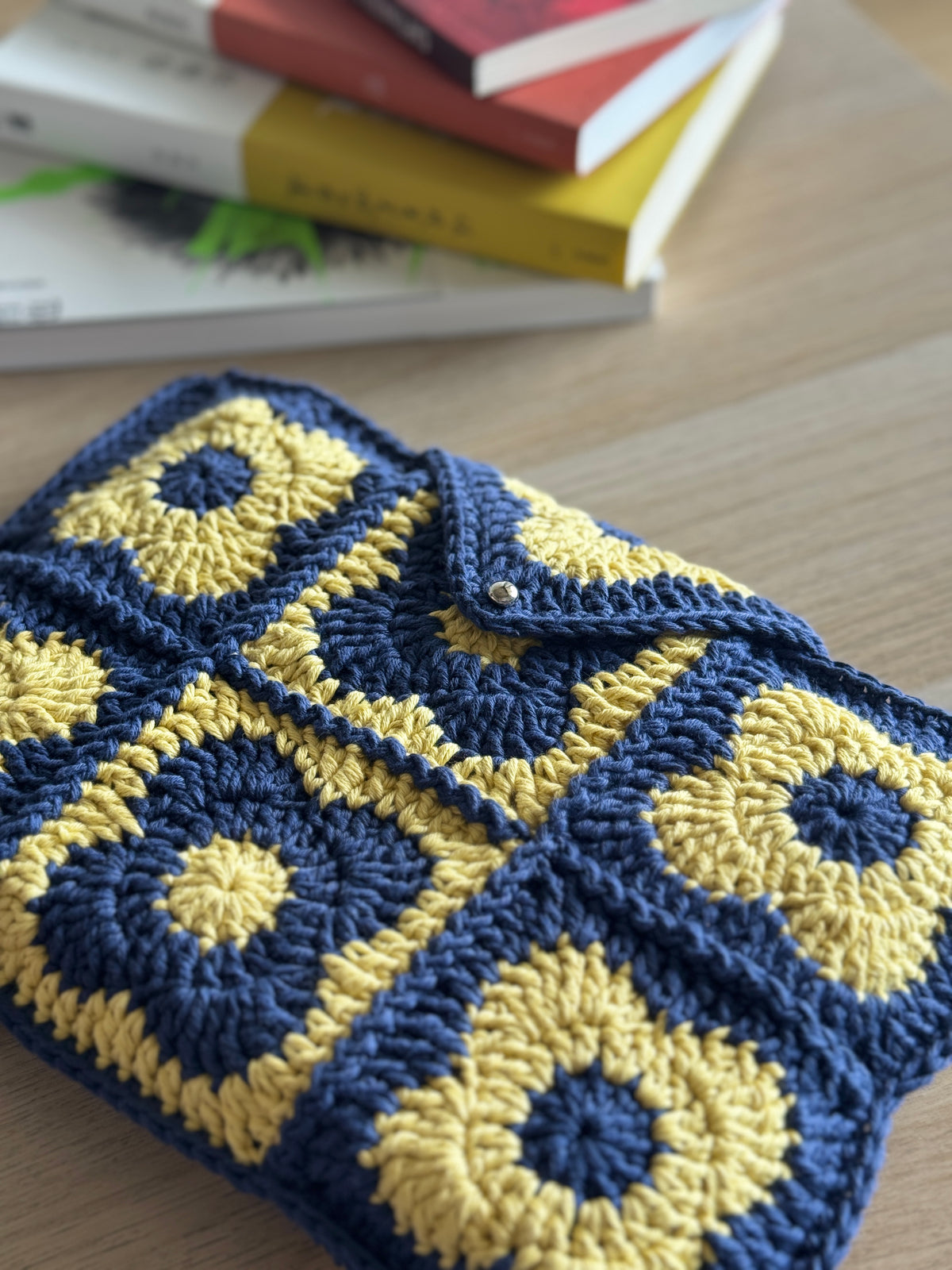 Book Sleeve | Handmade Crochet Book Accessary | Flower Navy x Citrus Ver. Cotton Yarn