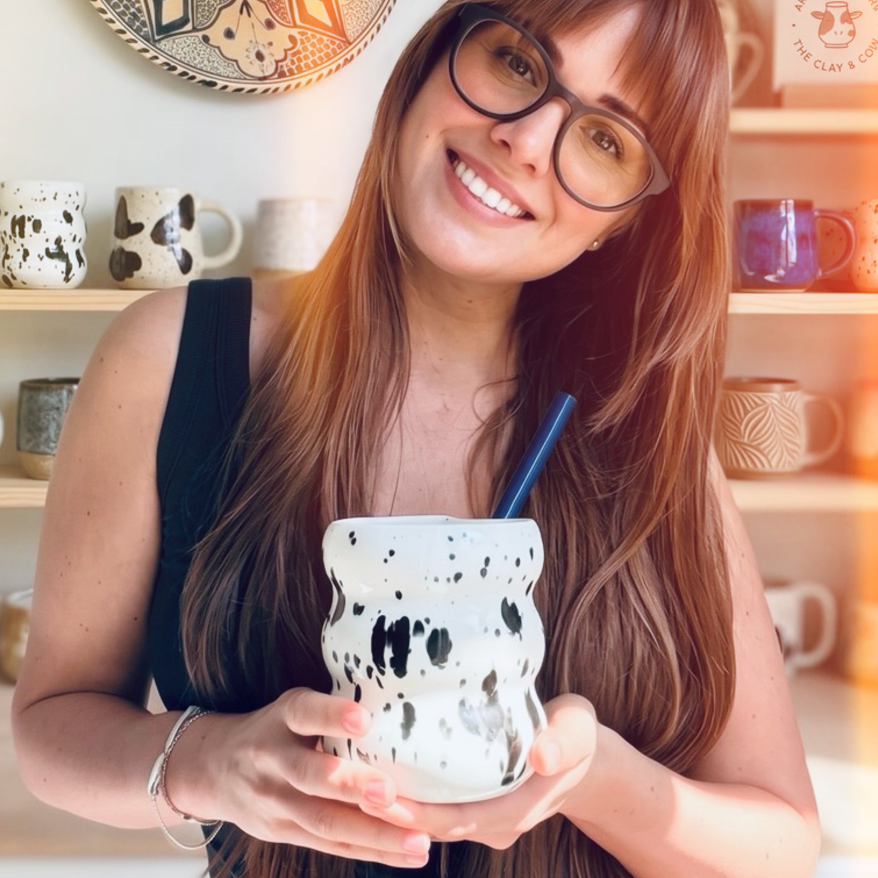 Handcrafted Porcelain Tumbler with Silicon Straw, 600mL Bubble Cup in Dalmatian Glaze