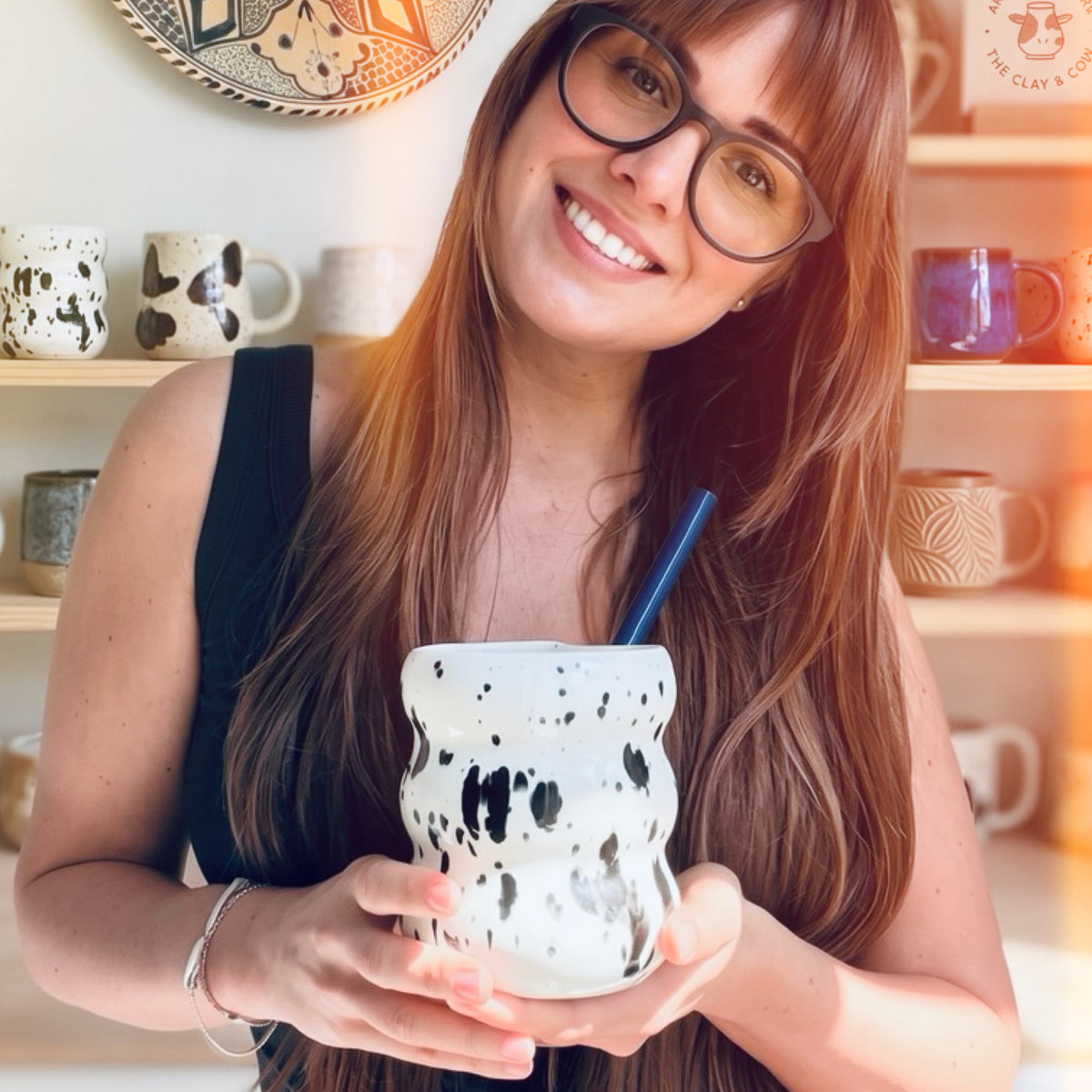 Handcrafted Porcelain Tumbler with Silicon Straw, 600mL Bubble Cup in Dalmatian Glaze