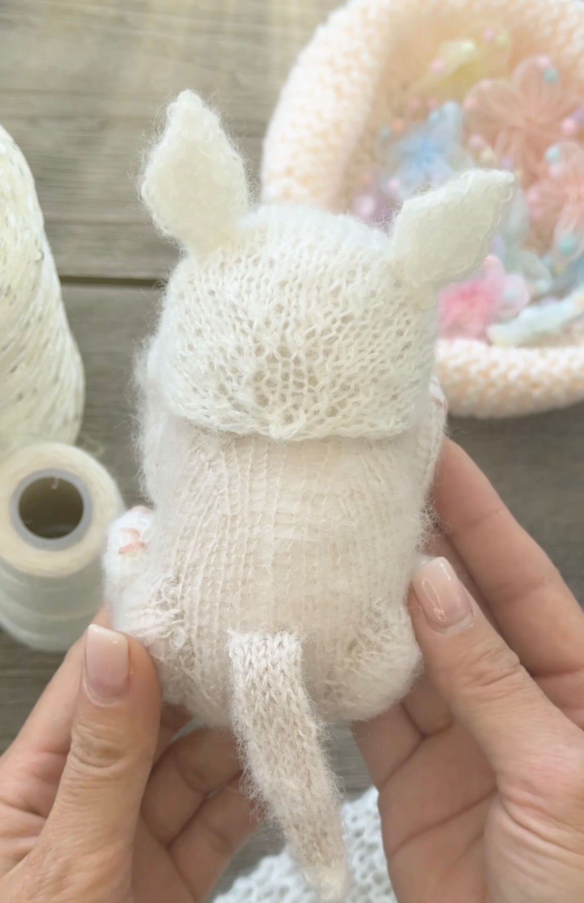Handmade Sleeping Kitten in a Bunny Bonnet & Cozy Blanket with Butterfly Button