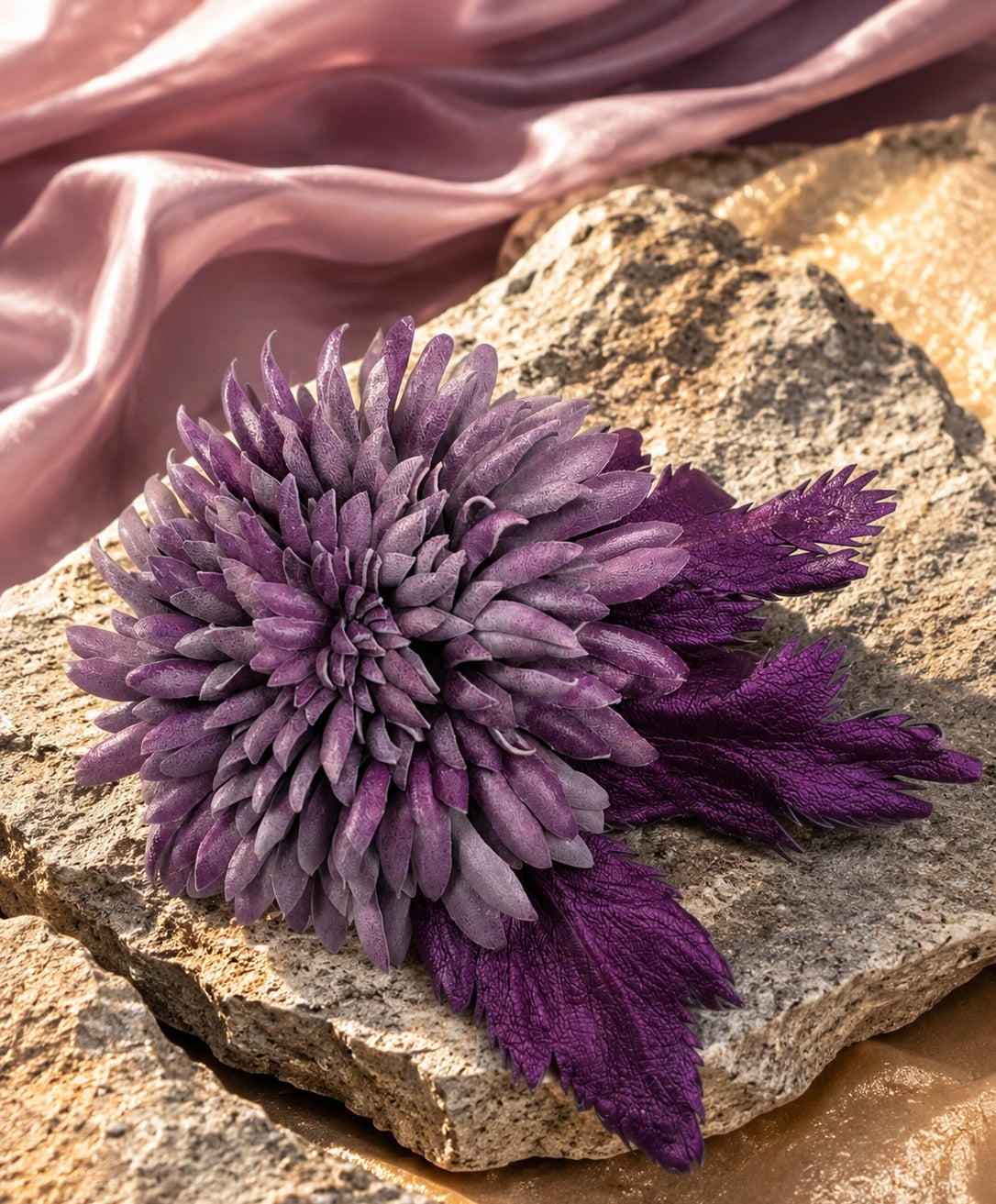 Leather Chrysanthemum "Twilight Amethyst", pin Brooch, hair/hat clip. corsage flower