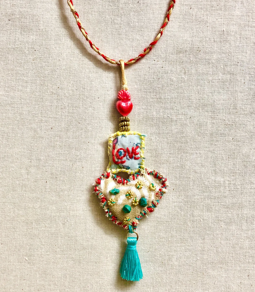 Slow Stitched Textile Necklace - LOVE