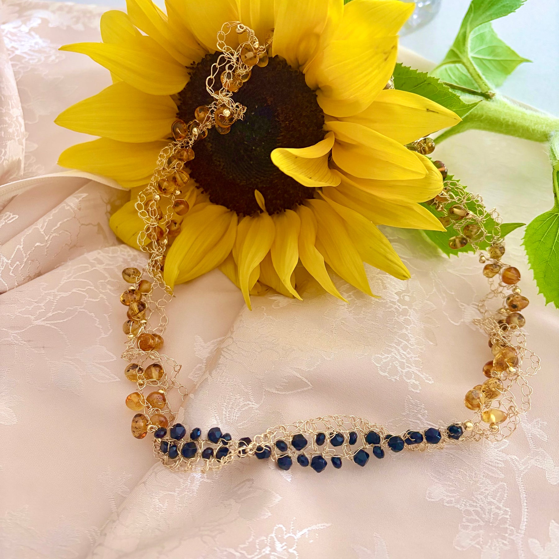 “Sunflower” Necklace — Amber & Black Onyx
