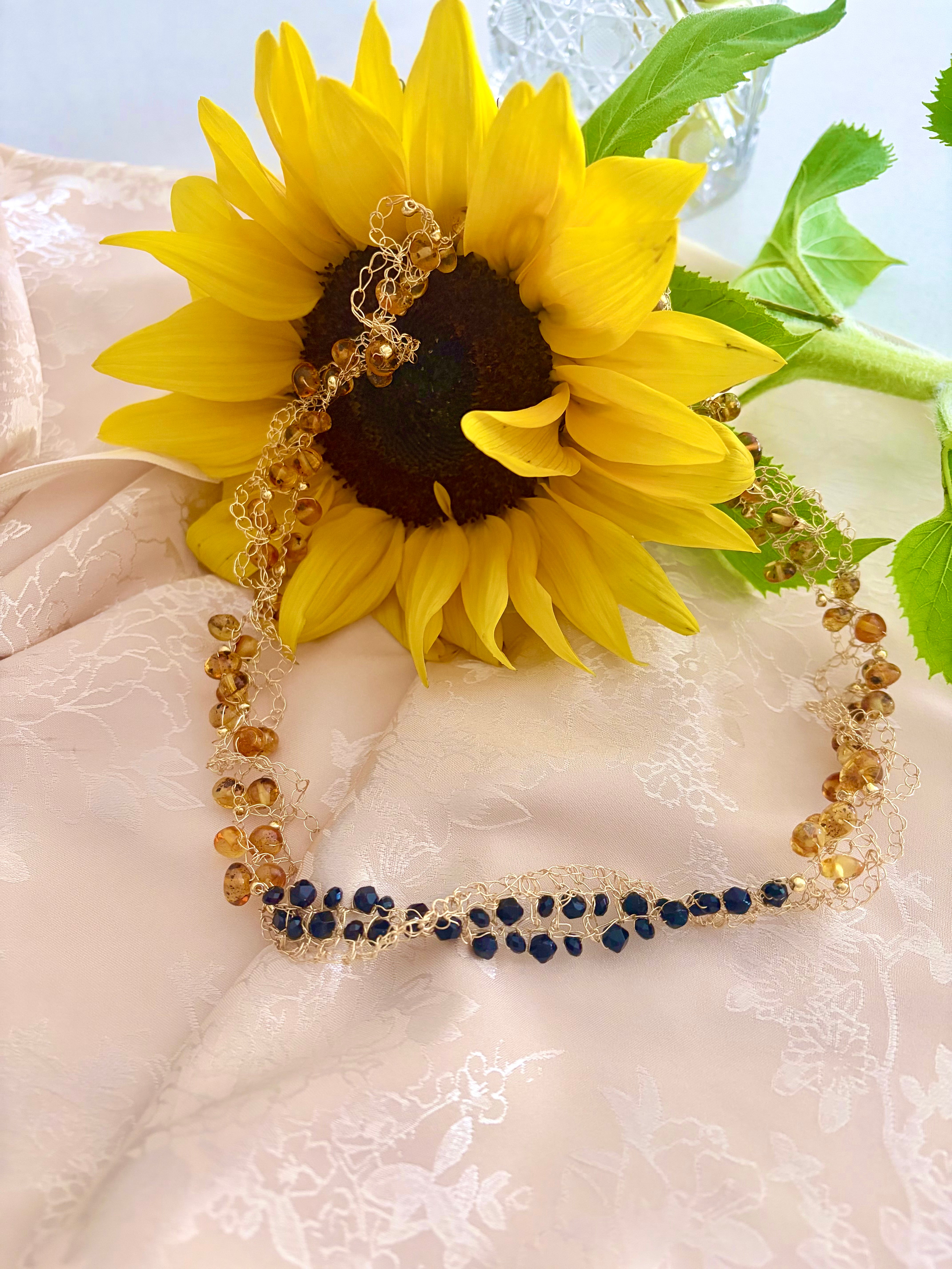 “Sunflower” Necklace — Amber & Black Onyx